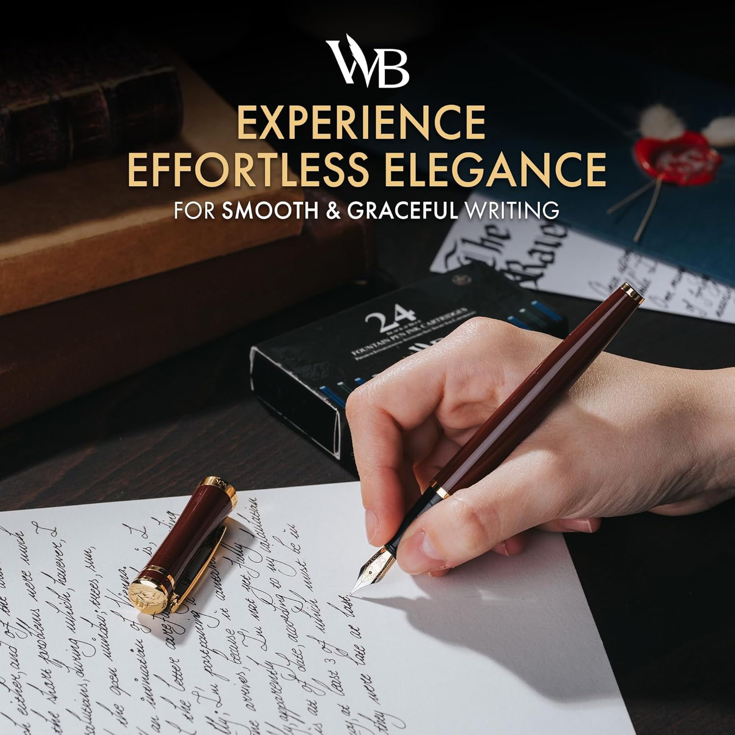 Wordsworth & Black Fountain Pen Set, 18K Gilded Medium Nib, Includes 24 Pack Ink Cartridges, Ink Refill Converter & Gift Box, Gold Finish, Calligraphy, [Brown Gold], Perfect for Men & Women image number 3