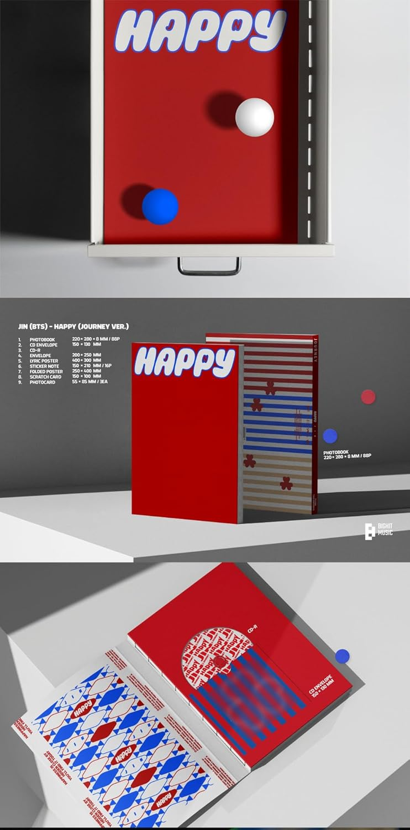 BTS JIN Happy 1St Album Standard Journey Version Cd+88P Photobook+2P Poster on Pack+16P Sticker Note+1P Scratch Card+3P Photocard+Tracking Sealed Bangtan image number 2