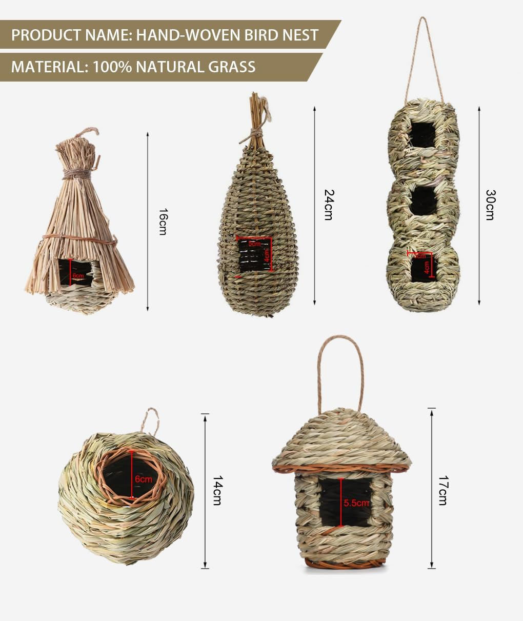 Qttie Hand-Woven Teardrop Shaped Eco-Friendly Birds Cages Nest Roosting,Grass Bird Hut,Hanging Bird House,Cozy Resting Place,100% Natural Fiber,Provides Shelter from Cold Weather (Treehouse Shape) image number 2