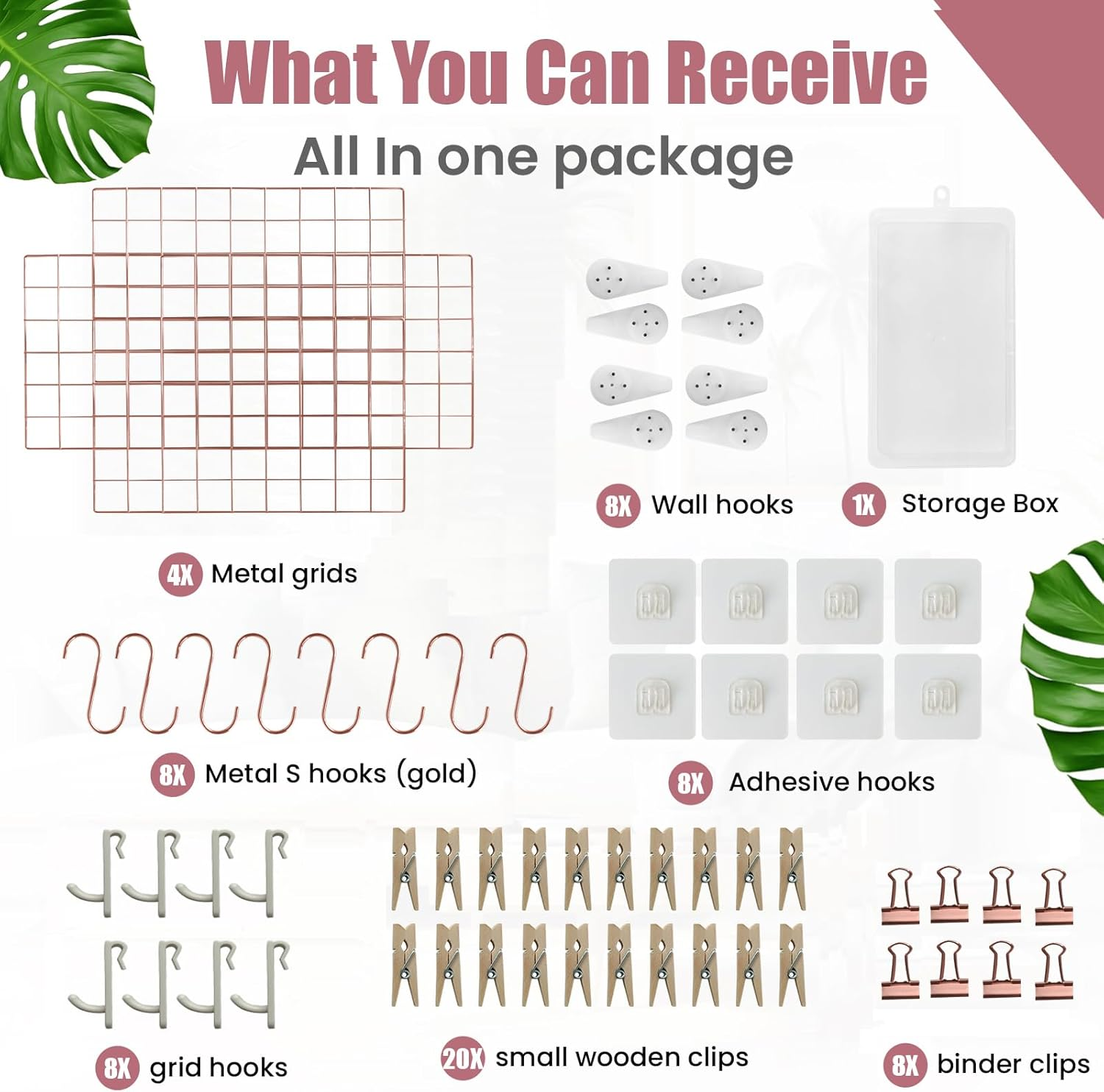 Metal Grid Wall Panel, Photo Display Organizer, 17.3"&times;11.8" Rose Gold Wire Board, Picture Frame, 4-Pack Mesh Memo Board with Clips and Hooks image number 2