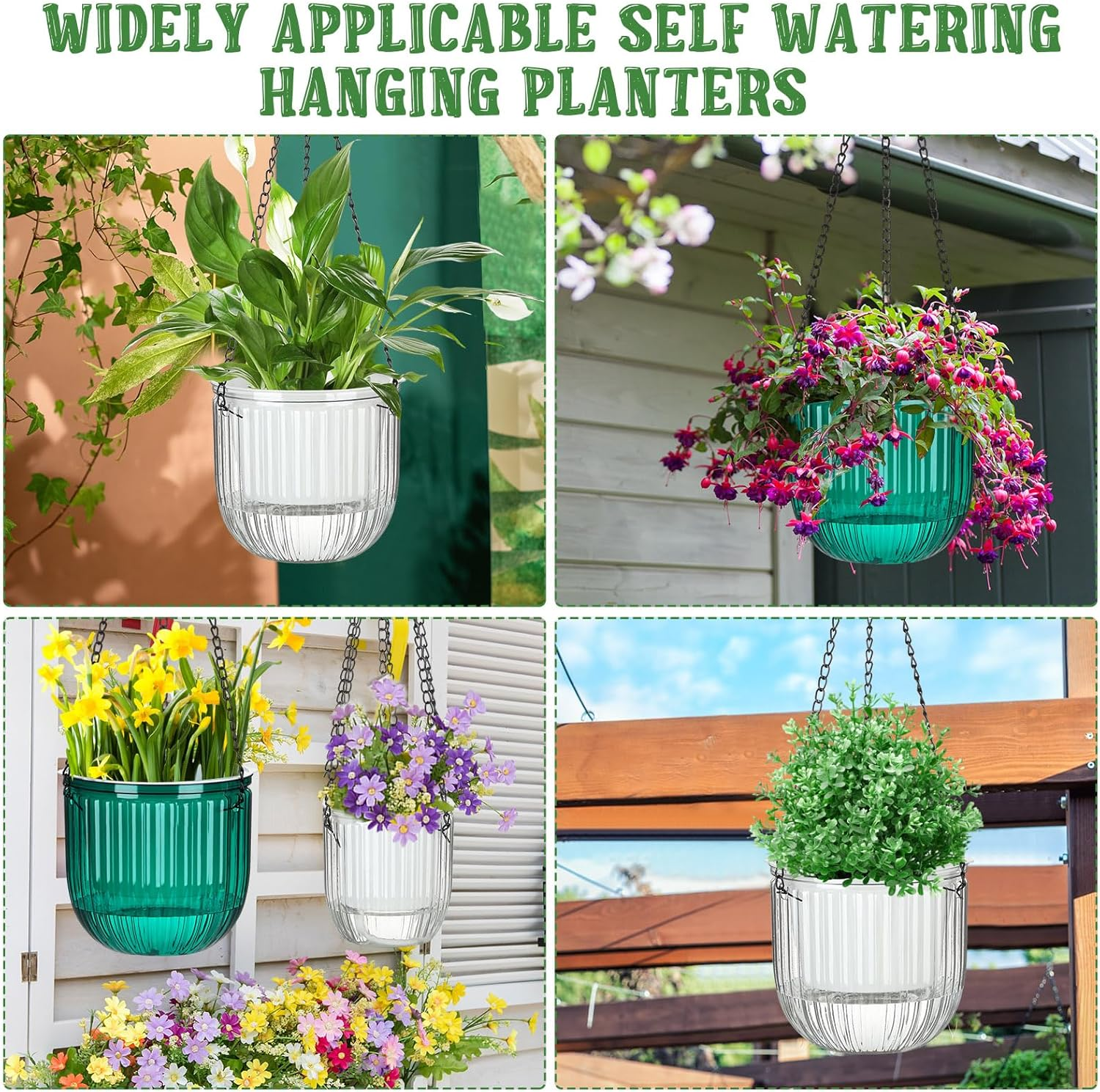 Maxcheck 4 Pcs Self Watering Hanging Planters Indoor Gift 6.5'' 4.5'' Hanging Flower Pots Baskets Outdoor Self Watering Plant with 3Hooks Drainage Holes for Home(Emerald,Clear) image number 1