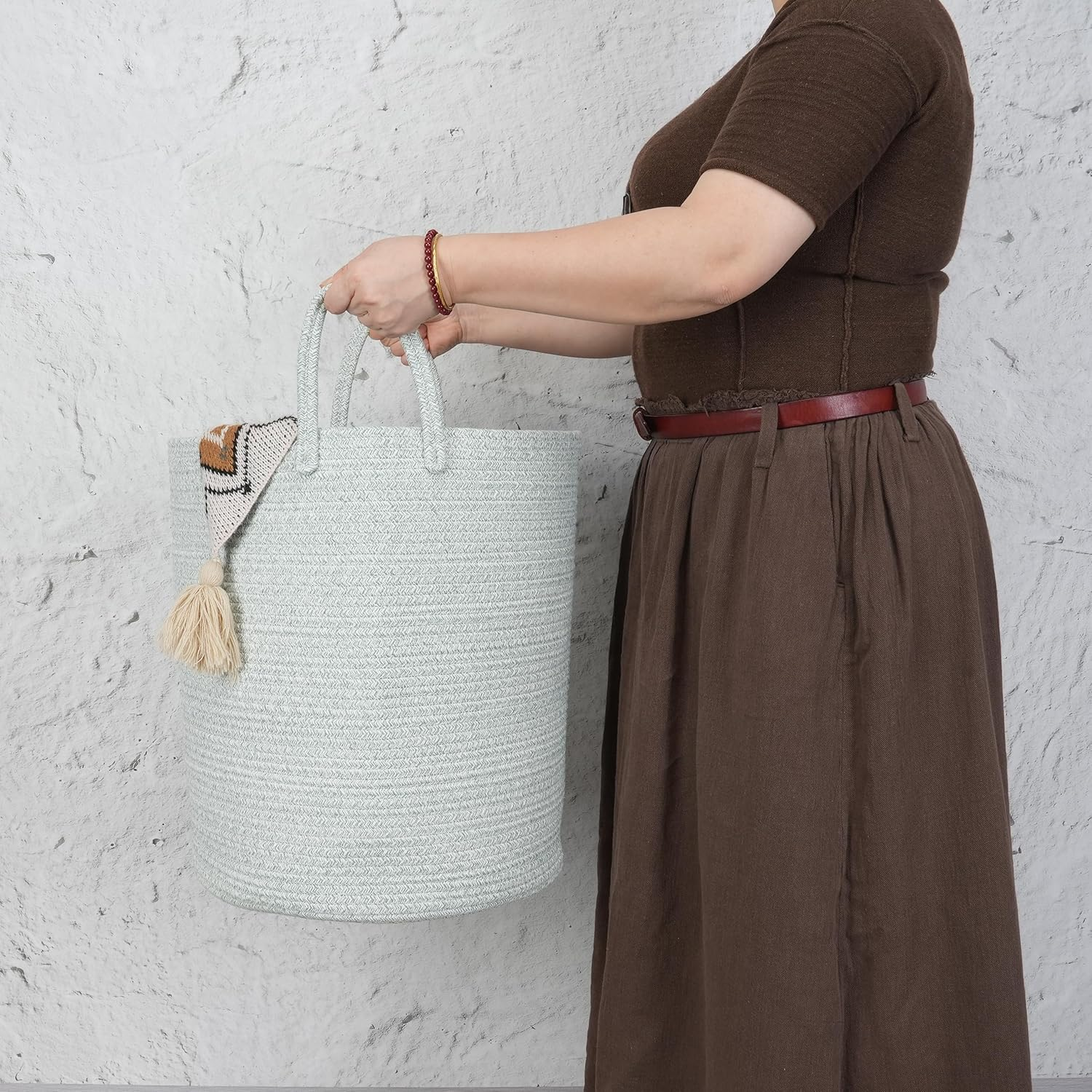 Large Laundry Hamper, Laundry Hamper for Toys, XICEN Tall Woven Laundry Basket for Clothes, Blanket Storage Basket for Living Room, 38Cm * 45Cm (Green) - Brown White image number 6