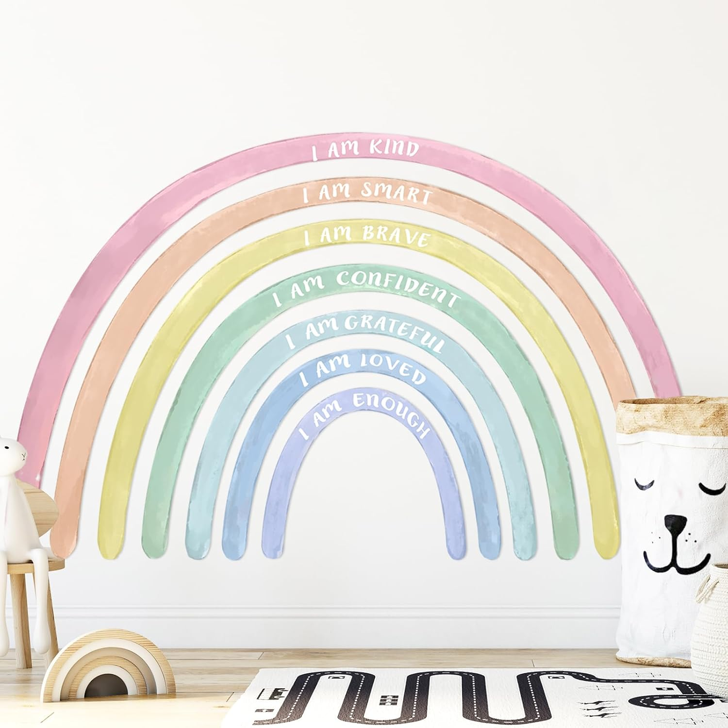Tinideya 76.77X47.24'' Watercolor Large Rainbow Wall Decal Classroom Wall Decor with Inspirational Quote Peel and Stick Stickers Waterproof Wallpaper for Girls Kids Bedroom Nursery Playroom(Cute) image number 6