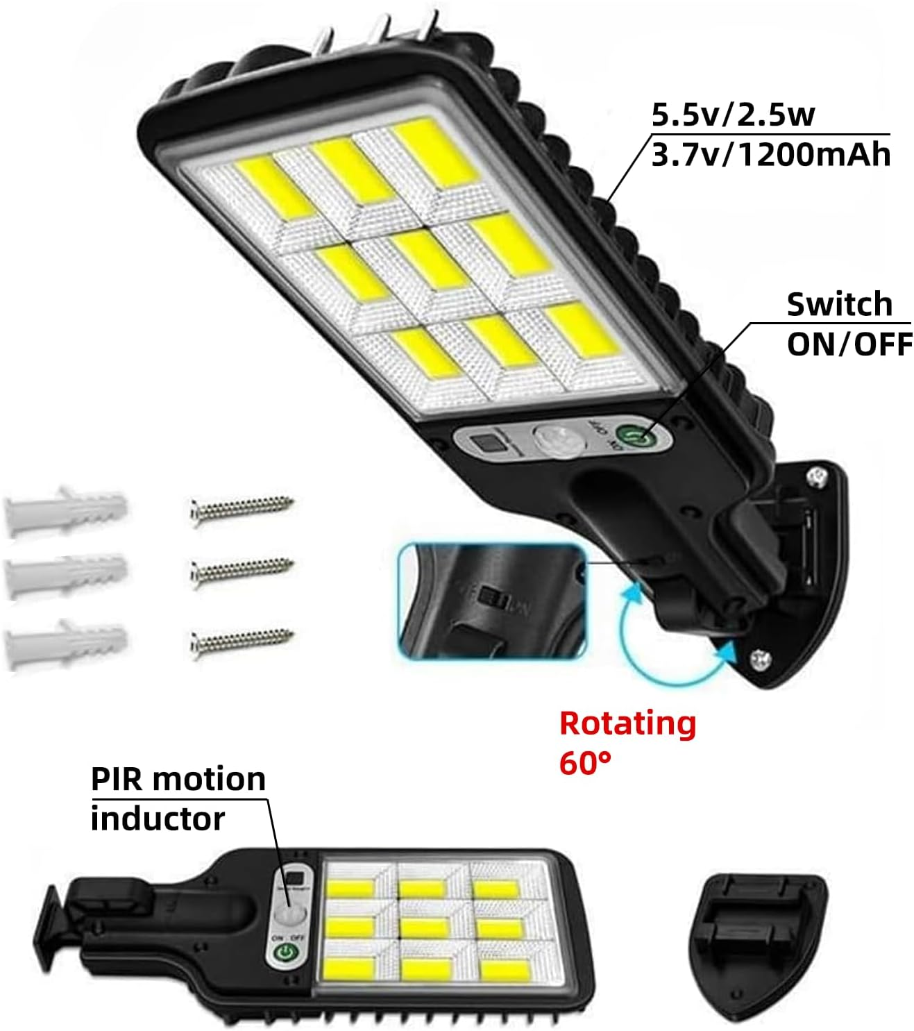 2 Pack Solar Street Lights Outdoor, 108 COB LED Motion Sensor Security Lights, 3 Lighting Modes, Wide-Angle Waterproof Solar Wall Lamp for Yard, Garden, Patio, Garage, Fence image number 5