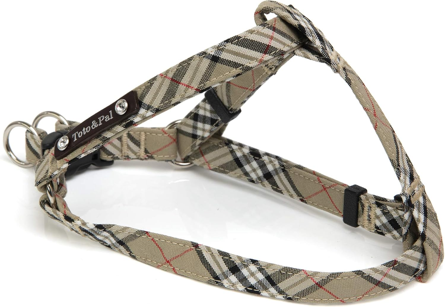 Toto&Pal Royal Tartan Check Foot Harness with Swarovski, Beige, 0.6 Inches (15 Mm)