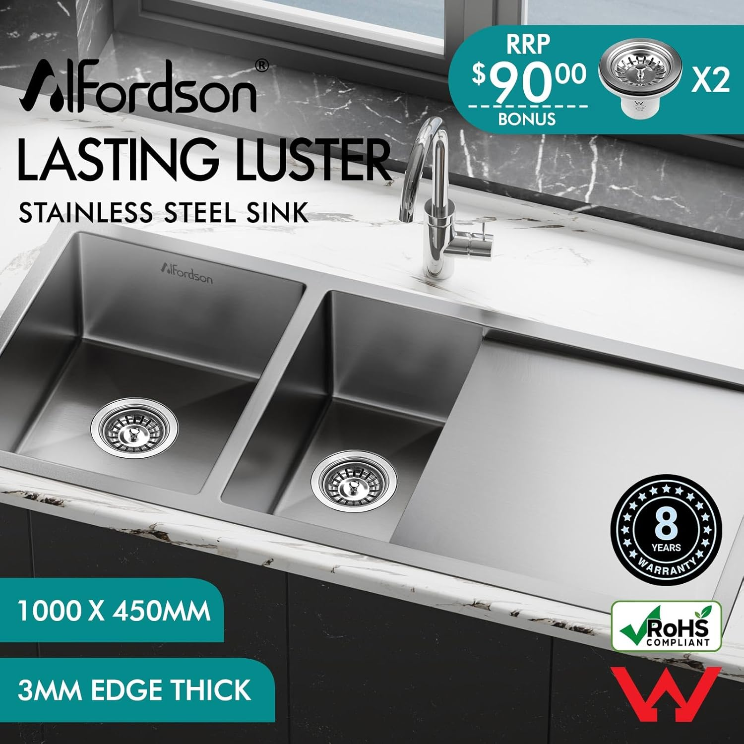ALFORDSON Stainless Steel Kitchen Sink Double Bowls with Drainboard & Waste Strainers, 1000Mm X 450Mm X 205Mm, Water Basin Sinks with 3Mm Thick Edge, Dishwashing Workstation, Silver Color image number 4