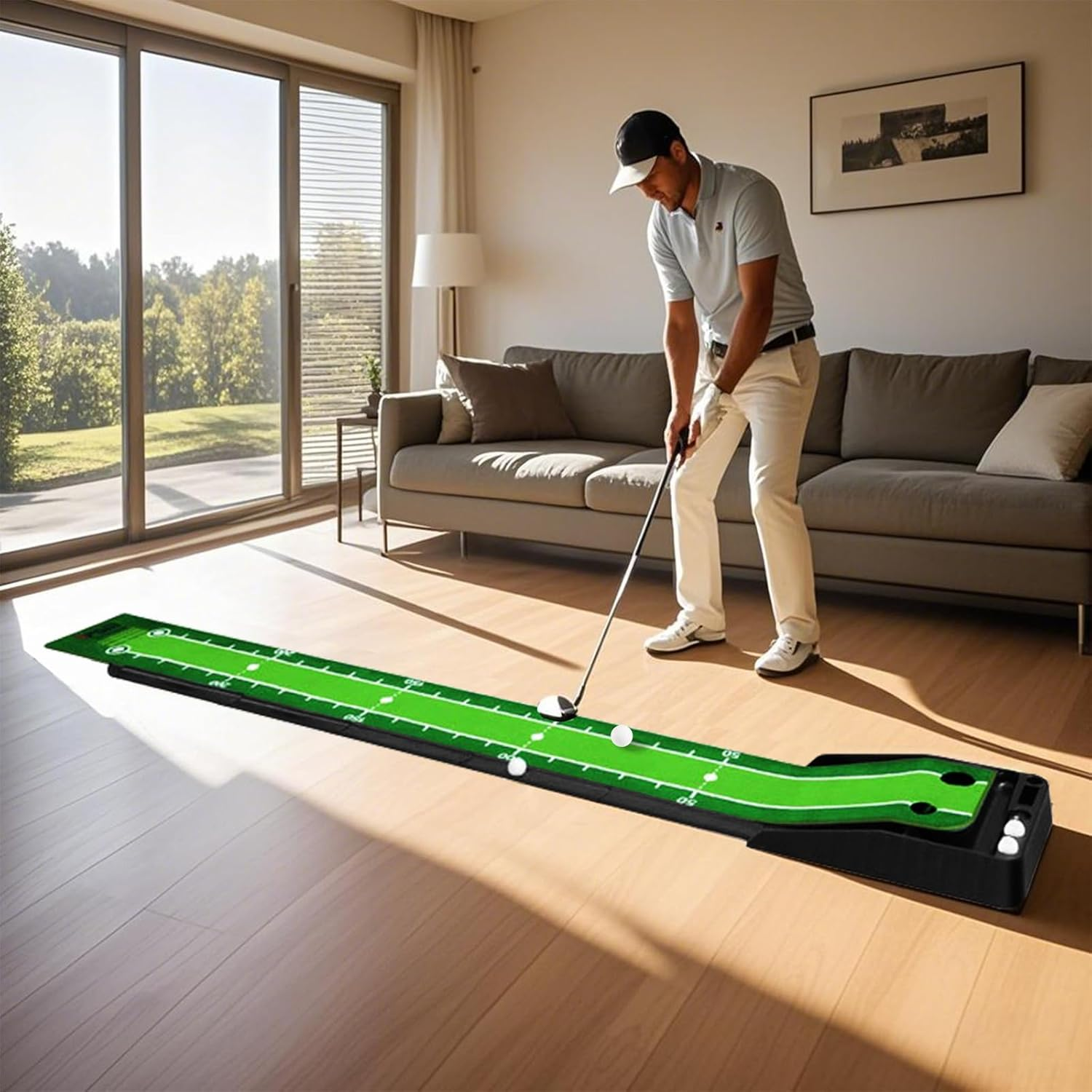 Asgens Golf Putting Green Mat with Auto Ball Return System 2 Holes / 2 Sizes Golf Game Practice Equipment and Golf Gifts for Home Office Backyard Indoor Outdoor Use - 9.8 Feet with 3 Bonus Balls image number 1
