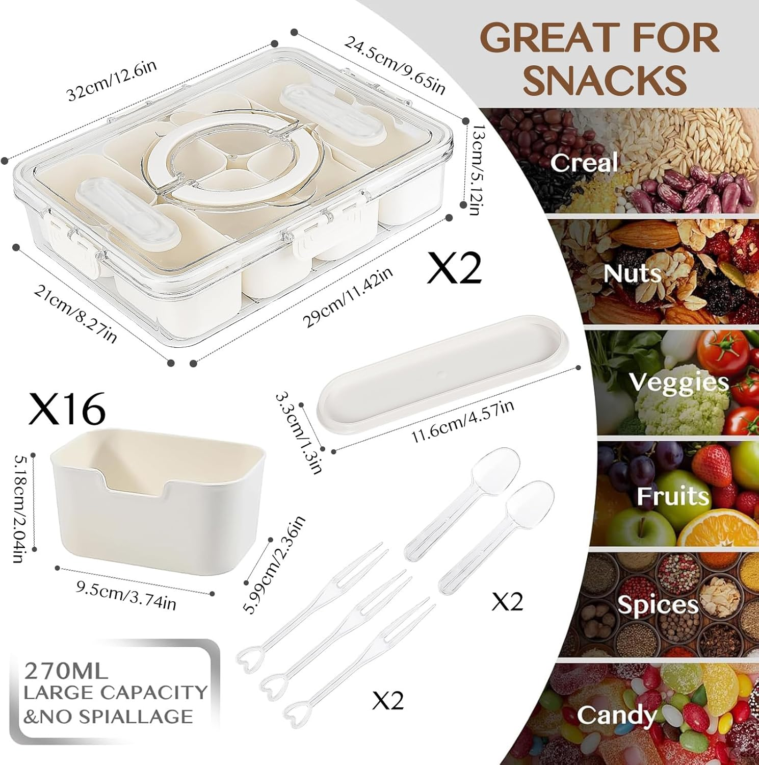 Divided Serving Tray with Lid, Handle & Cutlery Compartment,Removable Snack Platters Food Storage Container, Portable Snack Box Charcuterie Container, Clear Organizer for Candy & Snacks (2 PCS) image number 2