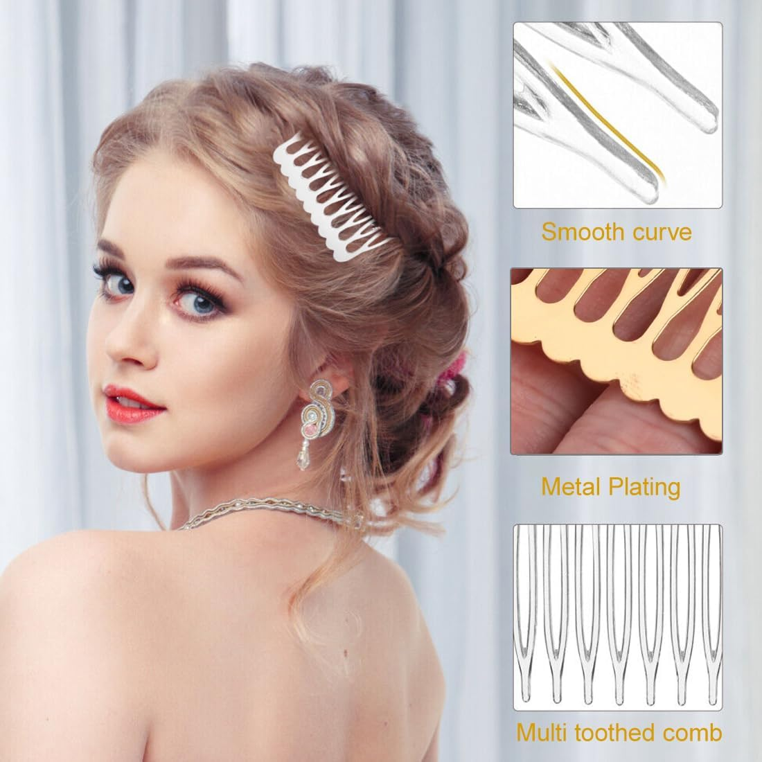 24 Pieces Metal Side Combs Veil Combs Side Comb for Women Hair with Teeth for Hair Accessories with Silver and Gold Chignon Clip