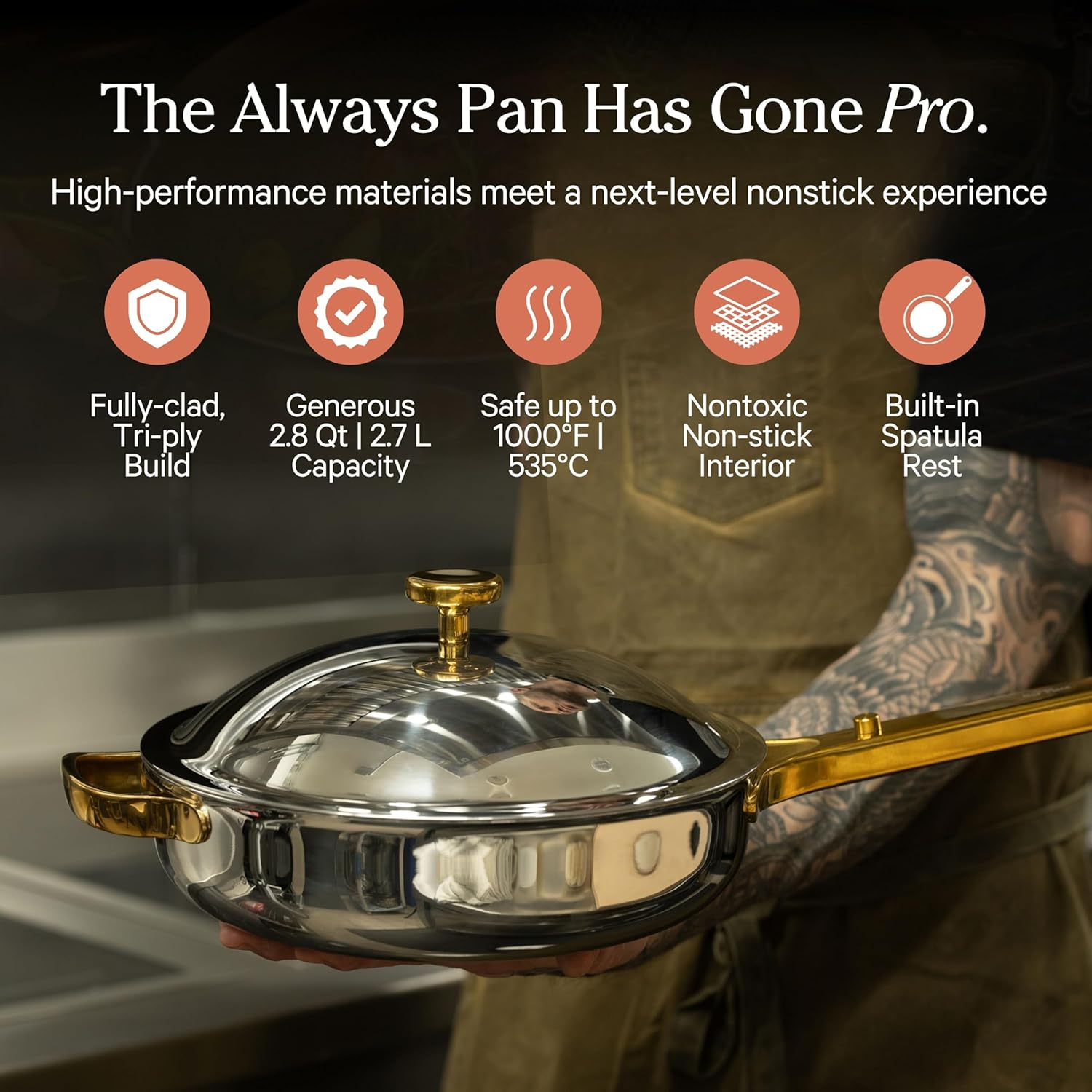 Our Place Titanium Always Pan Pro - 27Cm (2.65L) No-Coating Nonstick Skillet | Tri-Ply Titanium & Stainless Steel | Safe for Oven, Induction & All Cooktops up to 535&deg;C | Includes Spatula | Gold image number 1