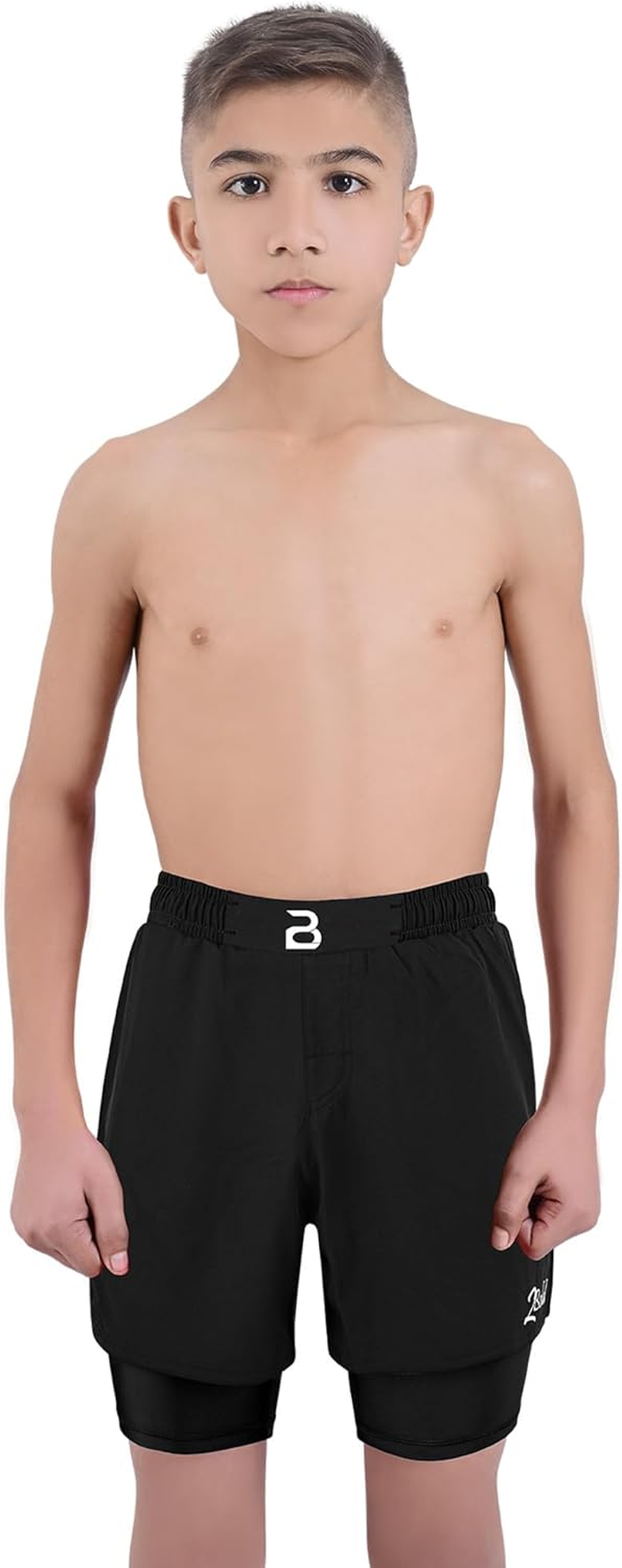 2BOLD MMA Kid&rsquo;S 2 in 1 Board Shorts BJJ Built in Compression Lining Athletic Gym Boxing Jiu-Jitsu No-Gi Grappling Shorts