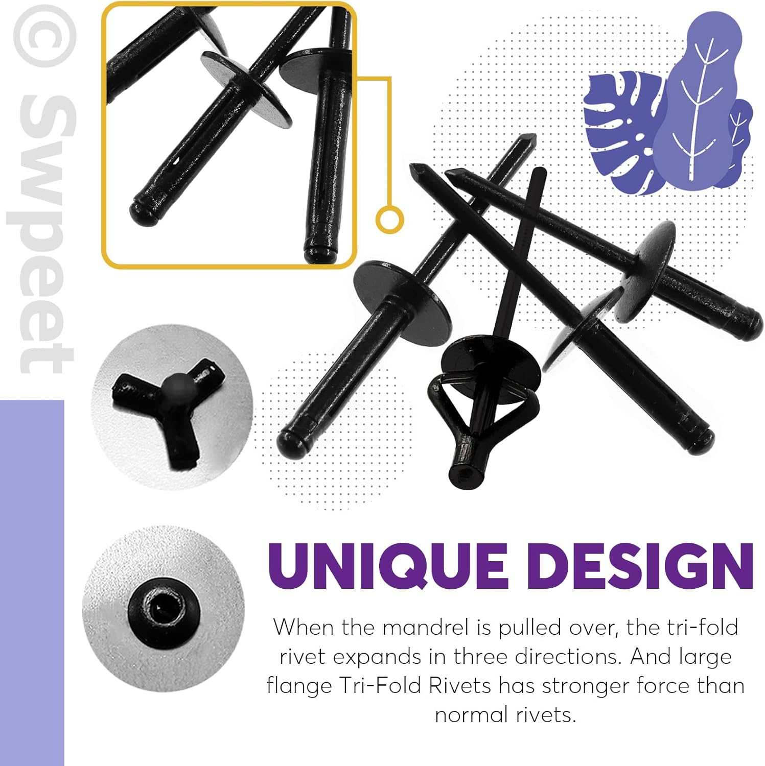 Swpeet 75Pcs 3/16" X 3/8" / 4/5" / 1" All Black Large Flange Aluminum Blind Rivets Kit, Black Pop Rivets Open End Type Pop Rivet for Indoor and Outdoor Use image number 6