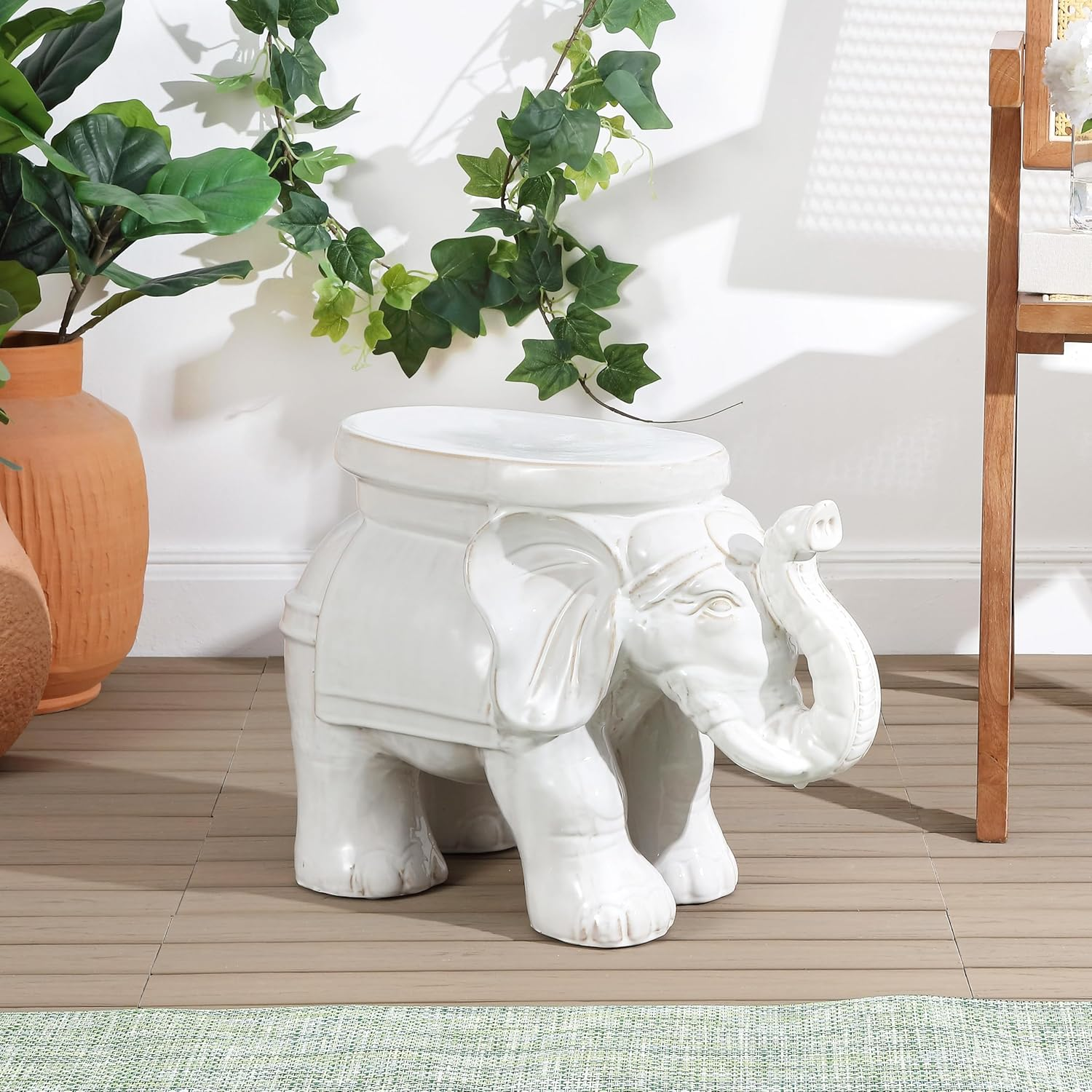 JONATHAN Y TBL1007A White Elephant 14.2" Ceramic Garden Stool, Coastal, Contemporary, Transitional, Side Table, Plant Stand, Spill-Proof, Living Room, Bathroom, Garden Room, Patio, Antique White image number 6