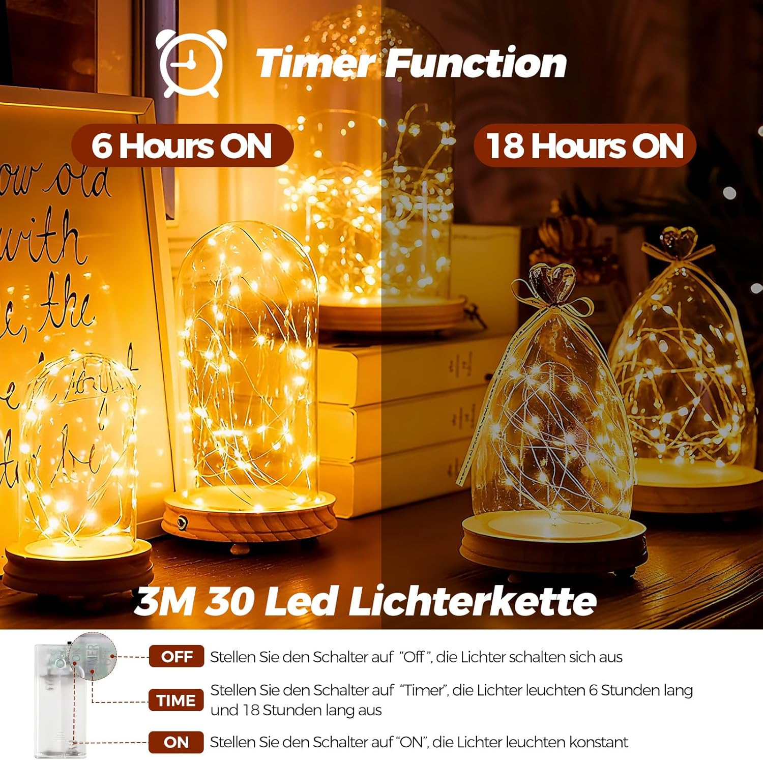 ALEGRE Pack of 6 LED Fairy Lights Battery with Timer, 3 M 30 LED Micro Copper Wire LED Fairy Lights with Timer, Warm White Fairy Lights Indoor Battery Operated for Christmas, Halloween, New Year'S Eve image number 2