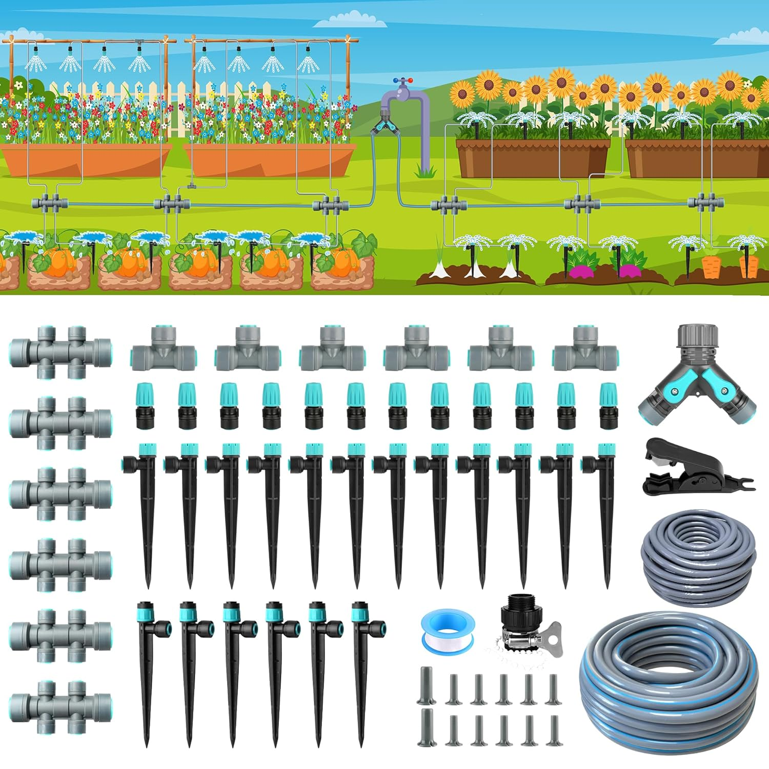 Automatic Drip Irrigation Kits with Quick Connect and Three Kinds Adjustable Nozzles, Y-Type Distribution Tubing, 33FT PE Pipe and 197FT PVC Tubing (Y6G12-197) image number 5