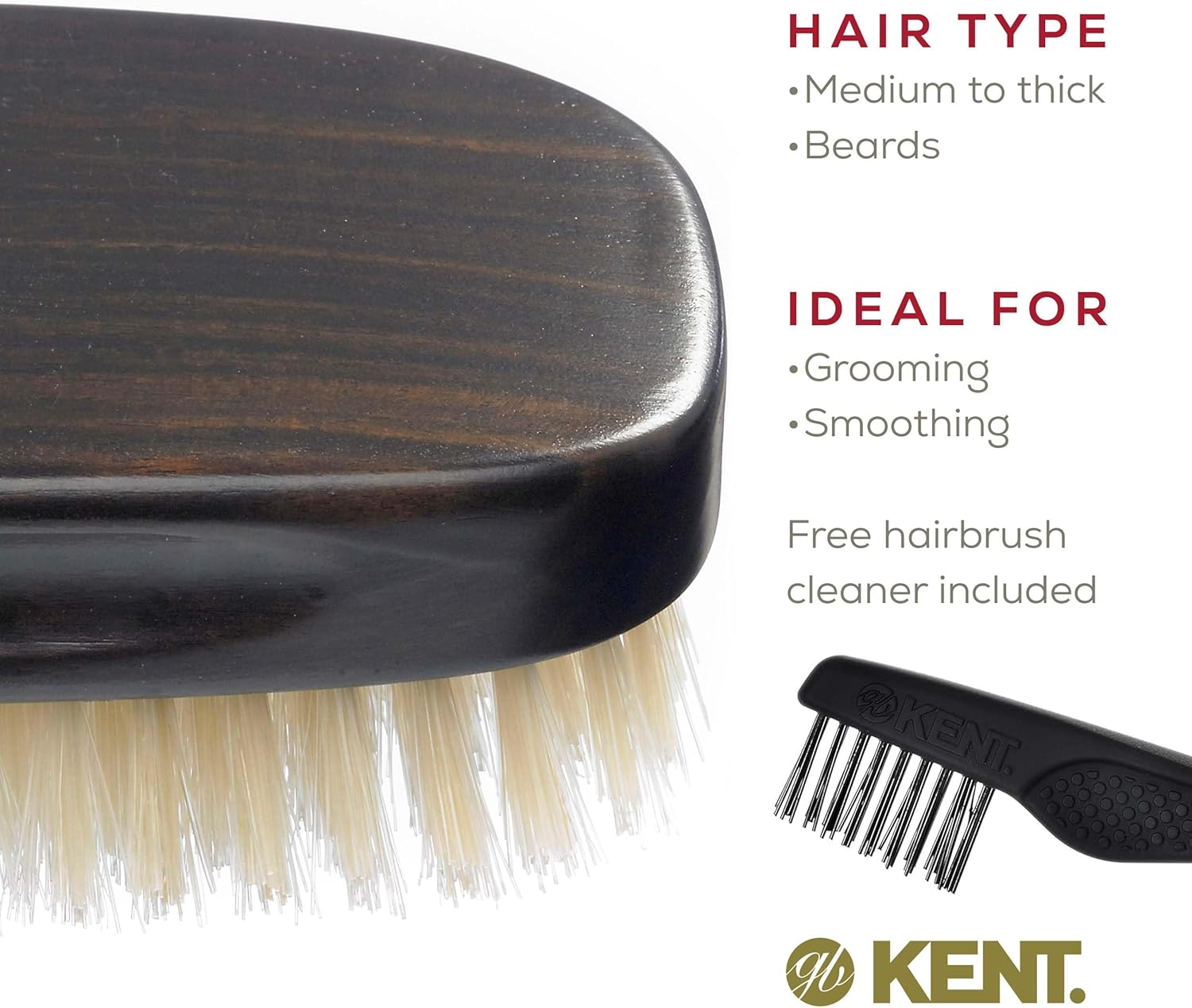 Kent Rectangular Ebony Wood Pure Bristle Hair Brush, White image number 3