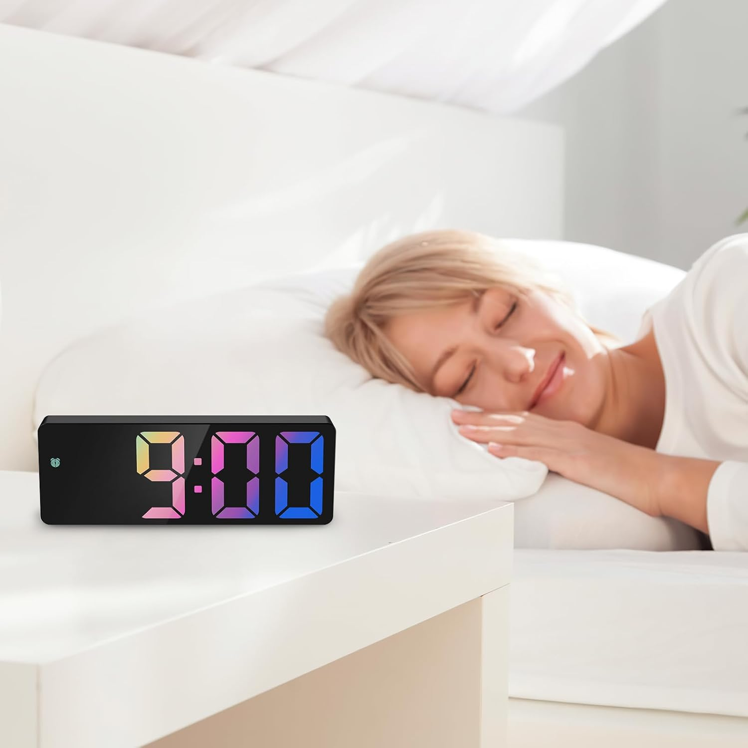 Digital Alarm Clock, Bedside Alarm Clocks with Colorful LED Display, Usb/Battery Powered Digital Clock with Voice Control, Snooze, Temperature, 3 Adjustable Brightness, Date for Heavy Sleepers image number 2