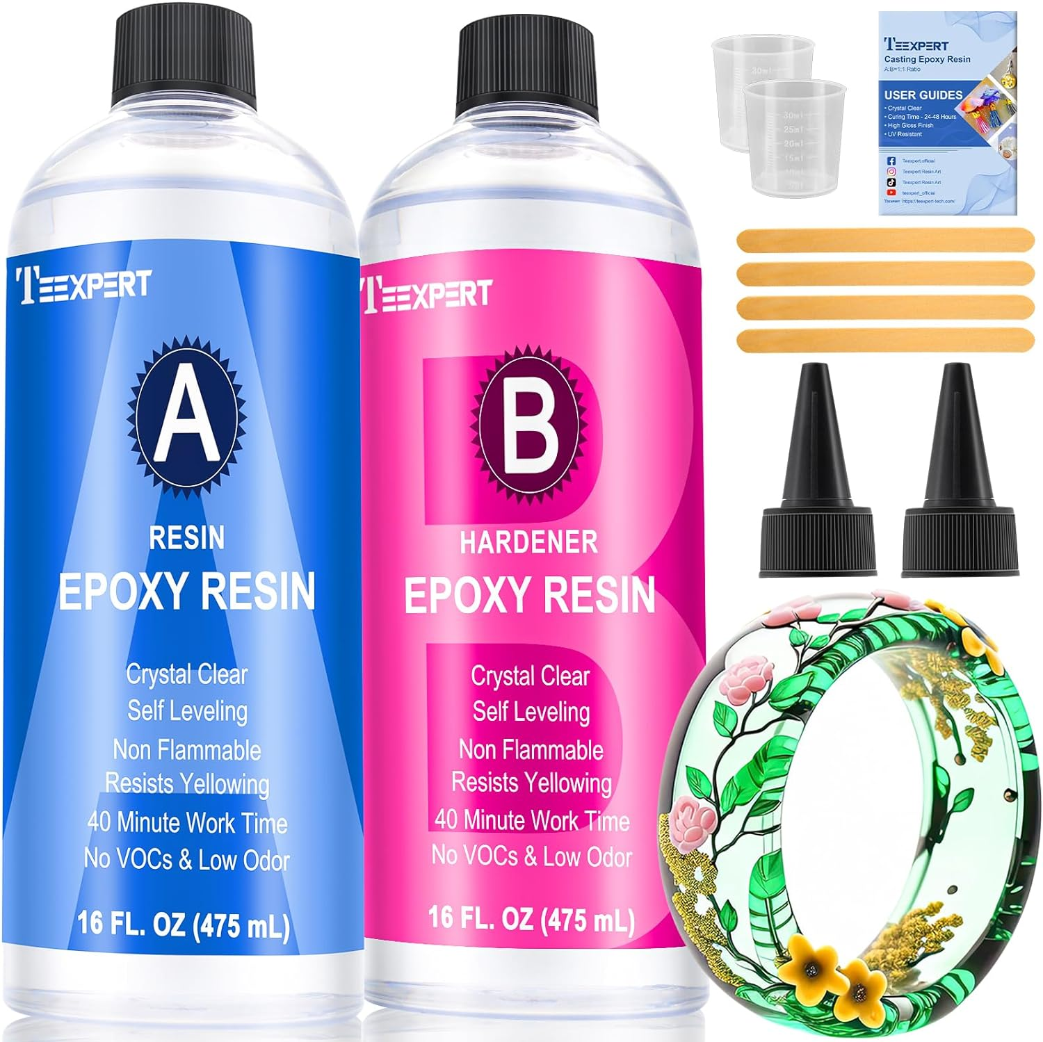 Epoxy Resin Crystal Clear Kit, 32Oz/950Ml Casting Resin for Jewellery DIY Resin Coating Easy Cast Epoxy, with Instructions/Bonus Sticks/Graduated Cups/Beak Cover/Dropper/Gloves