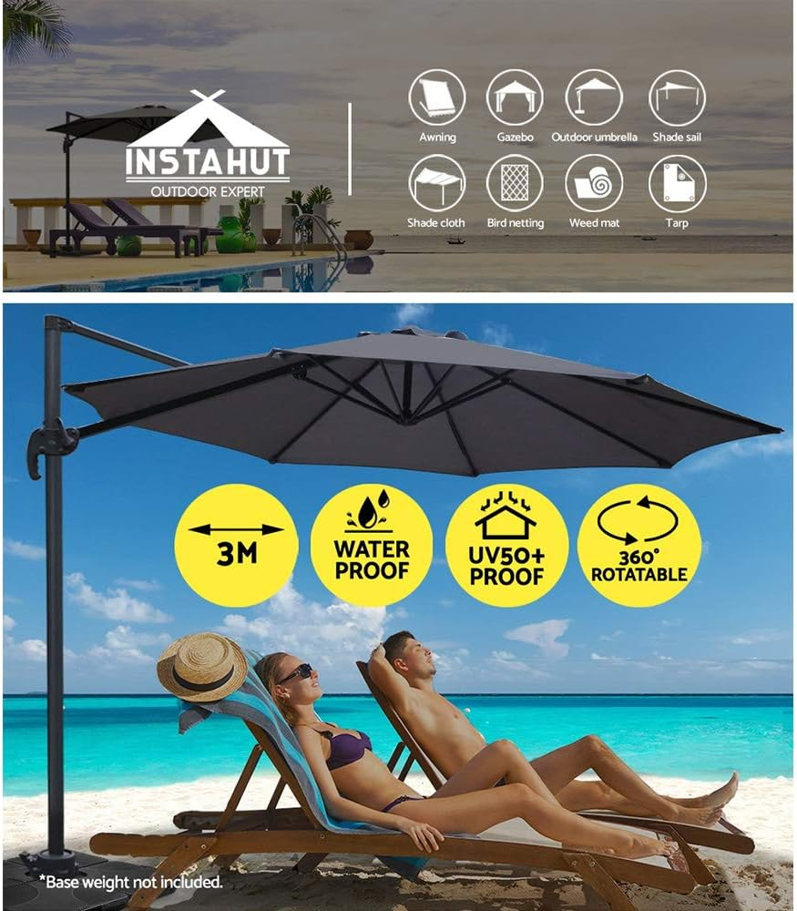 Instahut Outdoor Umbrella 3M Charcoal Cantilever Roma Umbrellas Stand, Sun Beach Garden Gazebo Canopy Home Patio Camping Tent, 360&deg; Rotatable Shading Water Resistant and UV - Black image number 7