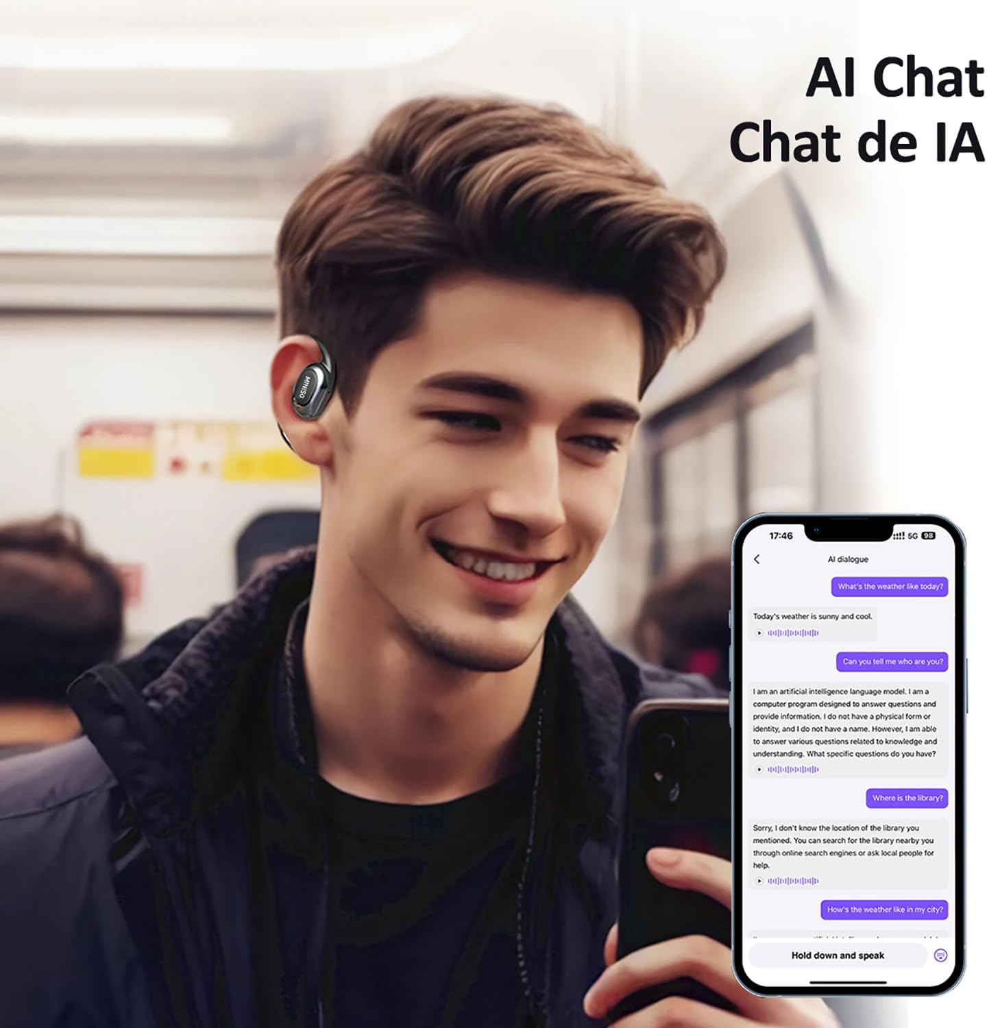MINISO MS156 Al Translation Earbuds Real Time 3-In-1 Translator Earbuds 135 Languages&Accents Bluetooth 5.4 Open Ear Headphones with Silicone Neck Strap for Travel Business Learning, Black image number 6