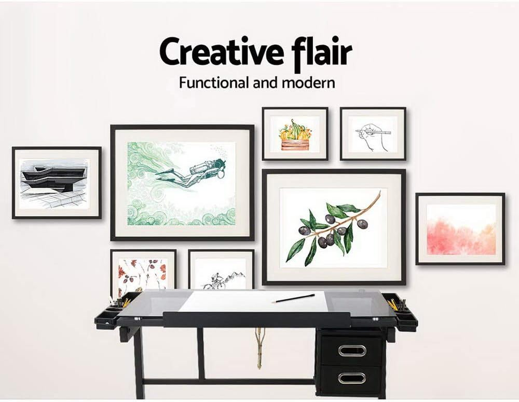 Artiss Drawing Table, Metal Adjustable Drafting Tables Desk Craft Standing Desks for Artwork Work Bench Painting Studio, Tempered Glass Desktop with Removable Drawers Storage Tray Castor Pad Black image number 1