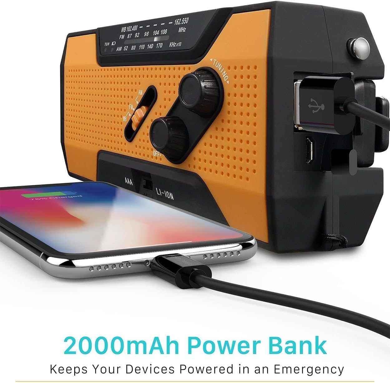 YASMITA Emergency Weather Radio (Model A1) NOAA/AM/FM with 7400Mwh Portable Power Bank, Usb/Solar/Hand Crank Charging, Battery Operated, SOS Alarm & Flashlight for Indoor/Outdoor Emergencies image number 2