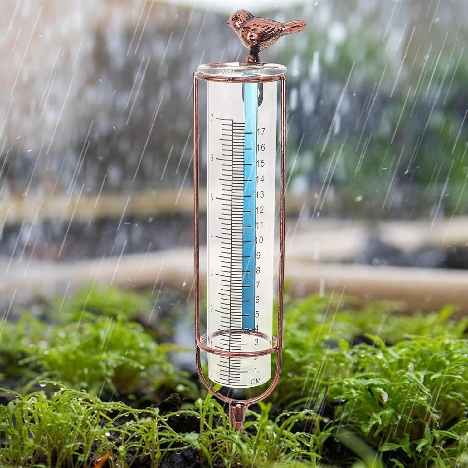 Jojofuny Graduated Rain Gauge Replacement Tube for Outdoor Garden Lawn Glass Measuring Tube with Elegant Blue and Brass Design Accurate Rainfall Measurement Tool image number 5