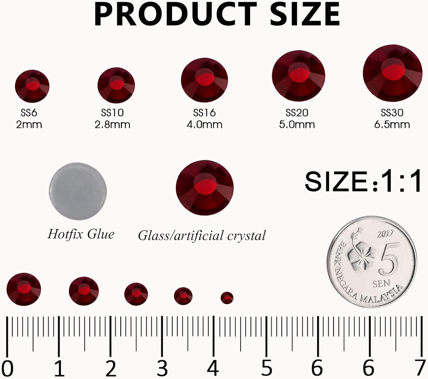 6616PCS Dark Red Hotfix Rhinestone Nail Charm Set SS6&ndash;SS30 Glass Crystal Flat Back Stones for DIY Decoration, Clothes, Shoes, and Nail Art Work with Fabric, Glass, Metal &ndash; SZTTY (Dark Red) - Dark Red image number 4