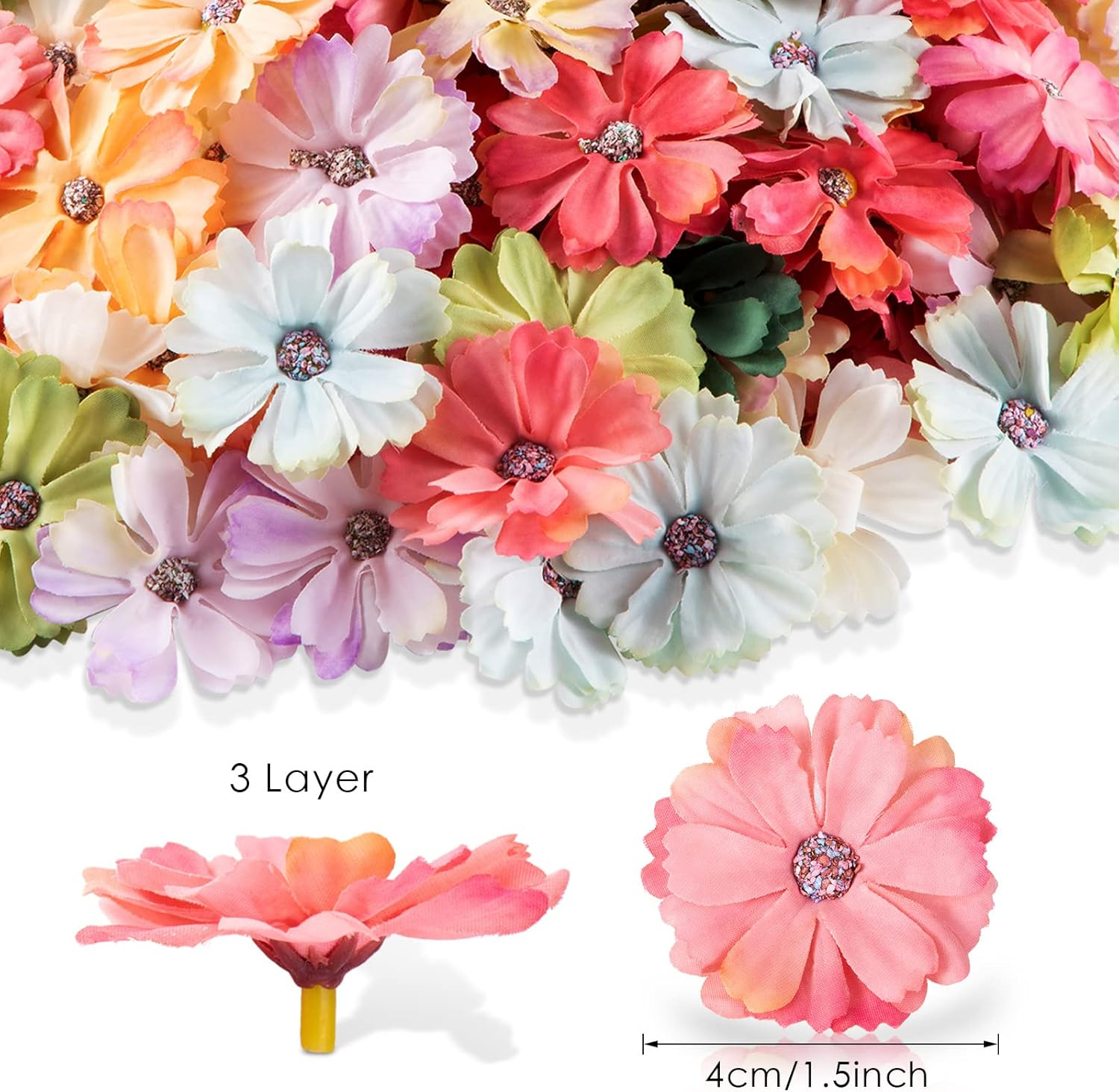 120 Pieces Faux Flowers Heads for Crafts Artificial Silk Daisy Flowers Embellishments Mini Assorted Bulk Wreath for DIY Holiday Wedding Party Home Garden Decoration 4 Cm, Colorful image number 1