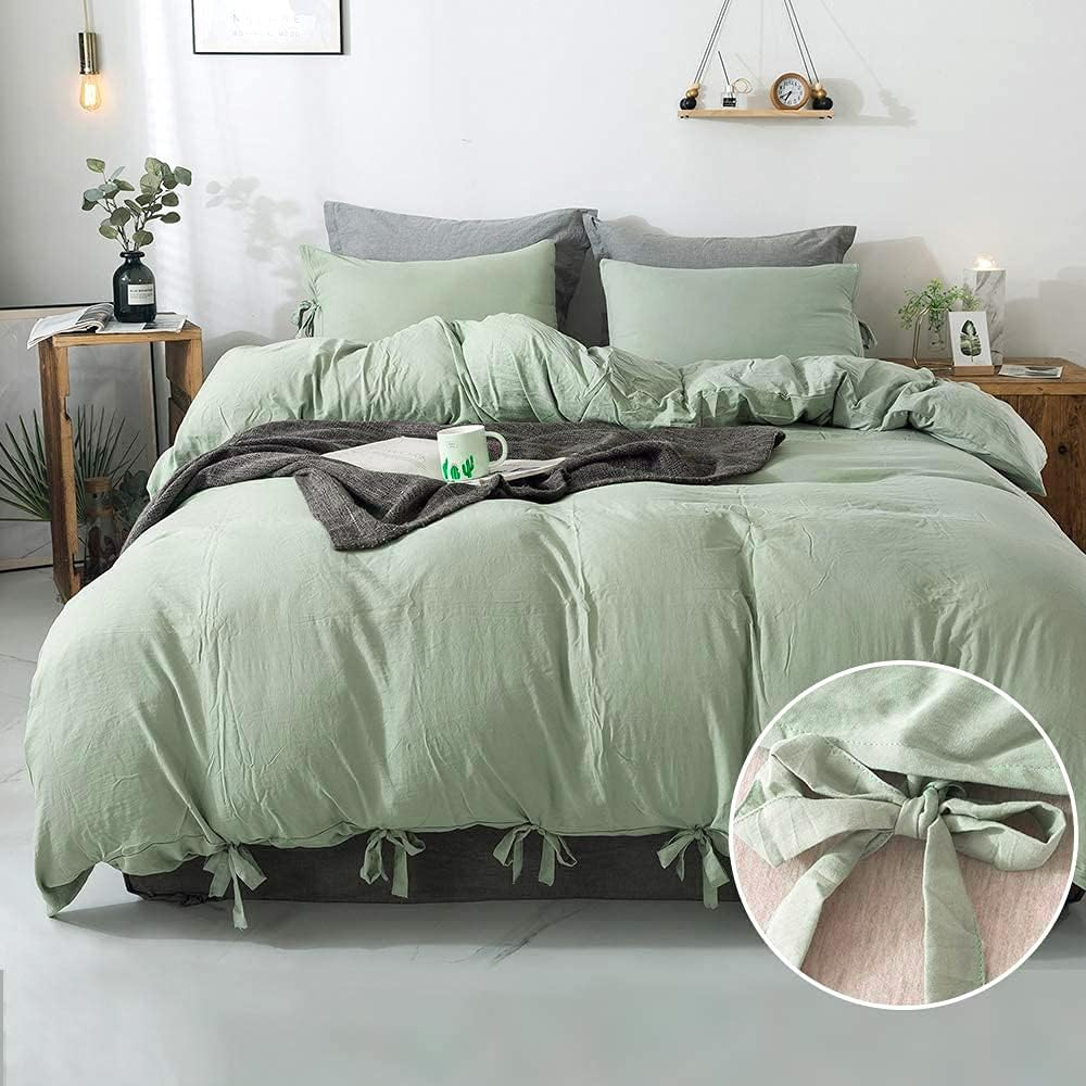Annadaif Sage Green Duvet Cover Queen Size, 3 Pieces Soft Washed Microfiber Duvet Cover Set, Comforter Cover with Bowknot Bow Tie (1 Duvet Cover 90X90 Inch, 2 Pillowcases) Easy Care Bedding Set image number 1