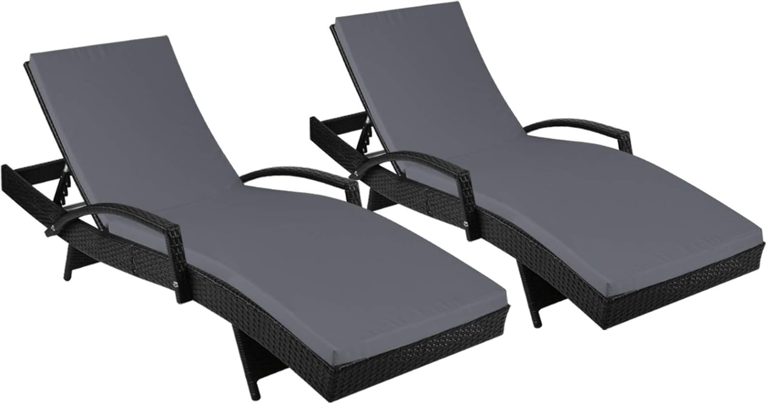 Gardeon Set 2 Sun Lounge Camping Chair Wicker Lounger Rattan Day Bed, Chaise Beach Chairs Outdoor Furniture Garden Patio Setting Pool Backyard, Cushion Armrest Adjustable Backrest Black image number 2