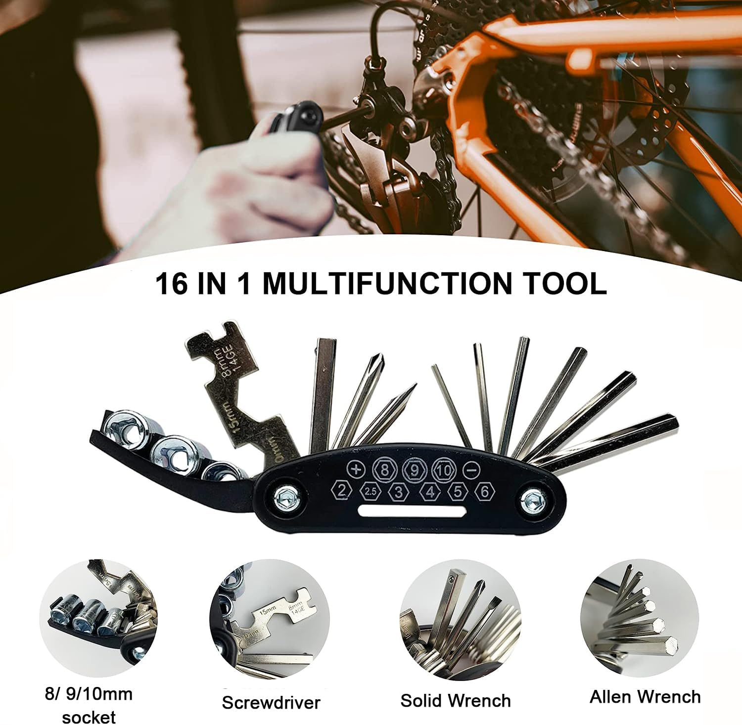 Bicycle Chain Repair Tool Kit 12 Piece,16 in 1 Multitool Hex Key Wrench,Tube Patch Kit,Cycling Master Link Pliers Remover,Chain Splitter,Chain Wear Indicator Checker,For Road Bikes (Black) image number 3