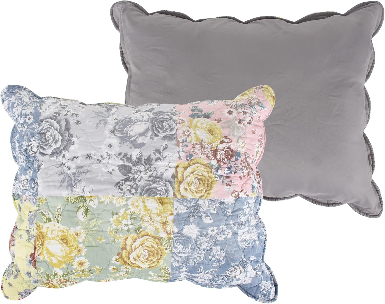 Greenland Home Emma Floral Patchwork Quilted Reversible Pillow Sham, Standard 20X26-Inch, Gray