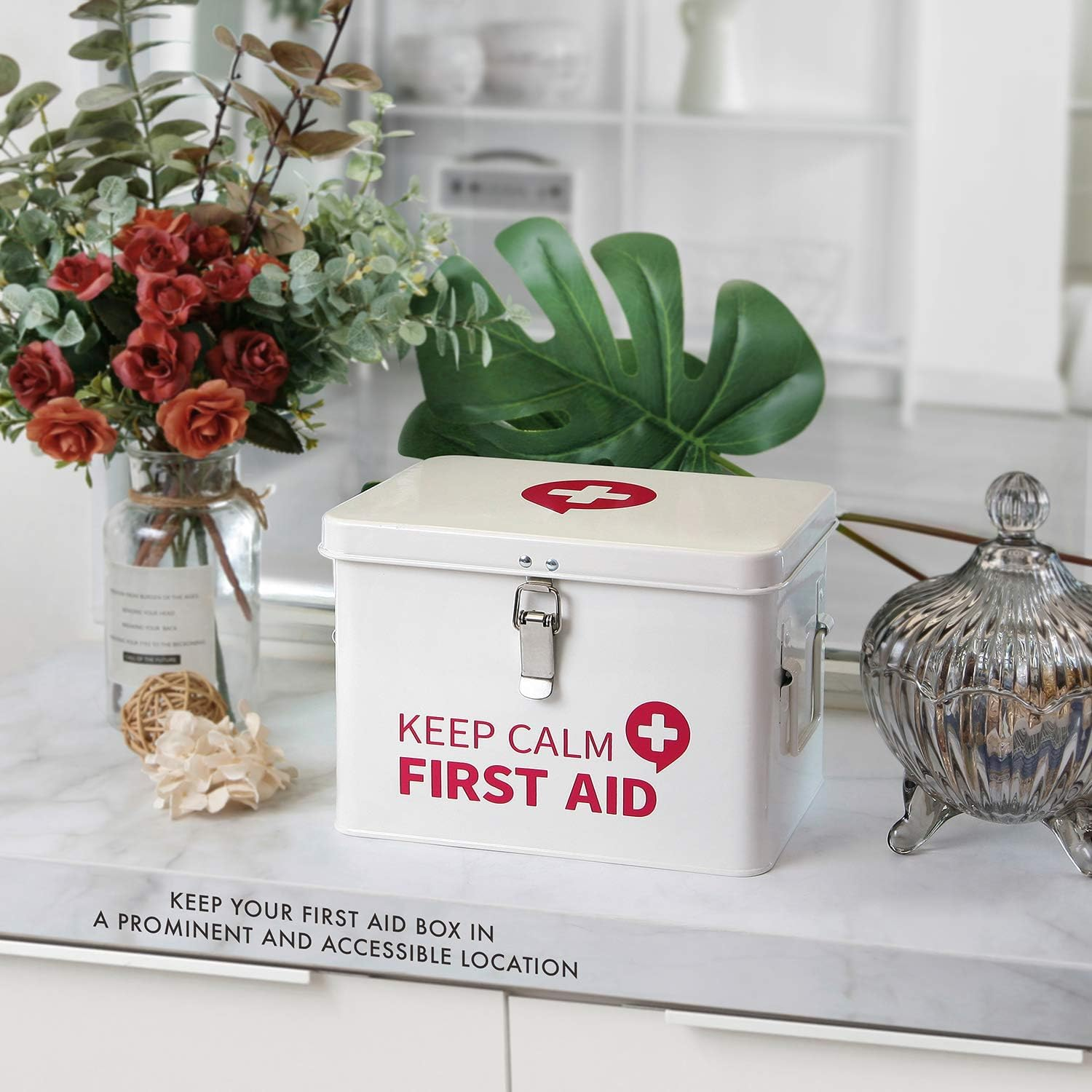 Keep Calm First Aid Medicine Organizer Storage Metal Box with Lid, Latch Closure, Removable Tray and Side Handles, Vintage Empty Box for Home, 9" X 6.3" X 6.5", Milky White image number 4