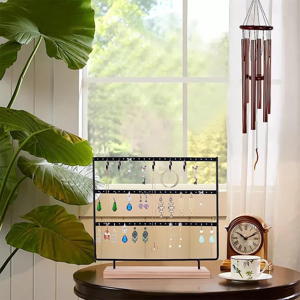 Earring Holder Jewelry Display Stands, 3-Tier 72 Holes Earring Organizer Stand Jewelry Holder Organizer Wooden Base Women'S Jewelry Tower Home and Office Decor for Hanging Earrings (Black) - White image number 2