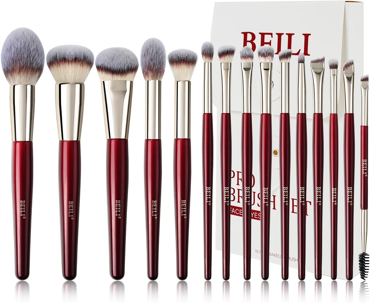 BEILI Makeup Brush Set 15Pcs Professional Contoured Foundation Brush Premium Synthetic Makeup Brushes for Liquid, Cream & Powder Eyeshadow(Red) image number 5