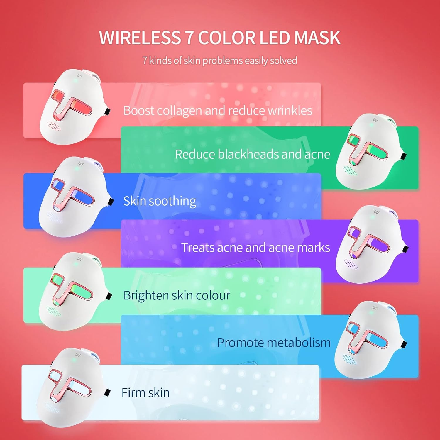 LIARTY 7 Color LED Face Light Therapy Mask Beauty Skin Rejuvenation Photon Device, Blue＆Red Light Face Beauty Mask for Face Lifting, Whitening, Firming,Tightening Skin Care(White) image number 3