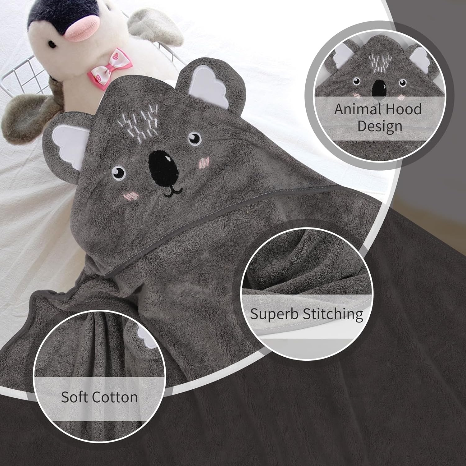 BBXWANG Cotton Hooded Baby Towel, Cute Baby Bath Towel for Newborns, Infants, Toddlers, Baby Towels with Hood for Girls Boys (Gray Koala) - Gray Elephant image number 7