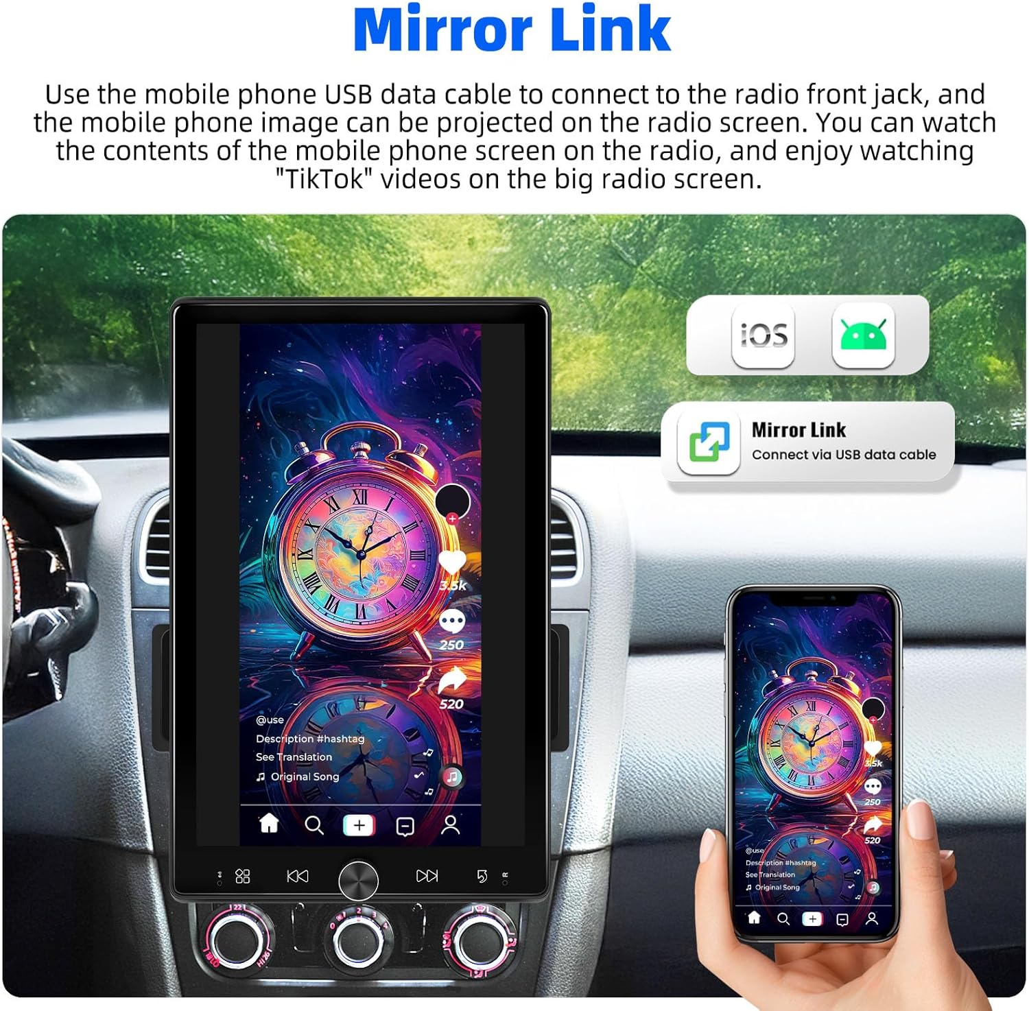 SIXTOP Single Din Car Stereo 10.4 Inch Touch Screen 180&deg;Rotate Vertical/Horizontal Screen Bluetooth Audio with Wireless Carplay & Android Auto Mirror Link FM Radio EQ USB+ AHD Camera & MIC image number 4
