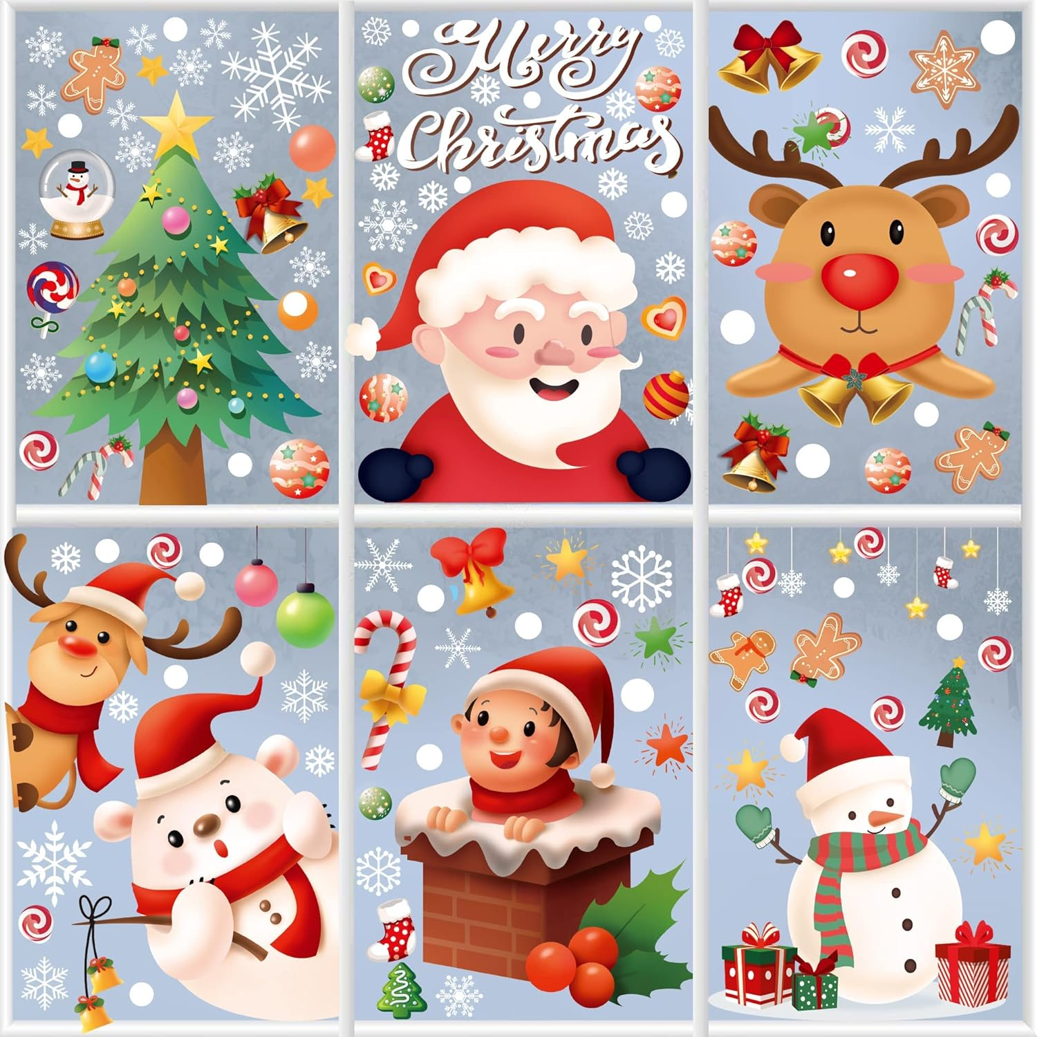 Christmas Window Clings Decorations 9 Sheets 242 Pcs Xmas DIY Window Stickers Snowflake Reindeer Santa Claus Removable Static Stickers for Christmas Window Door Refrigerator Cabinet Decor image number 3