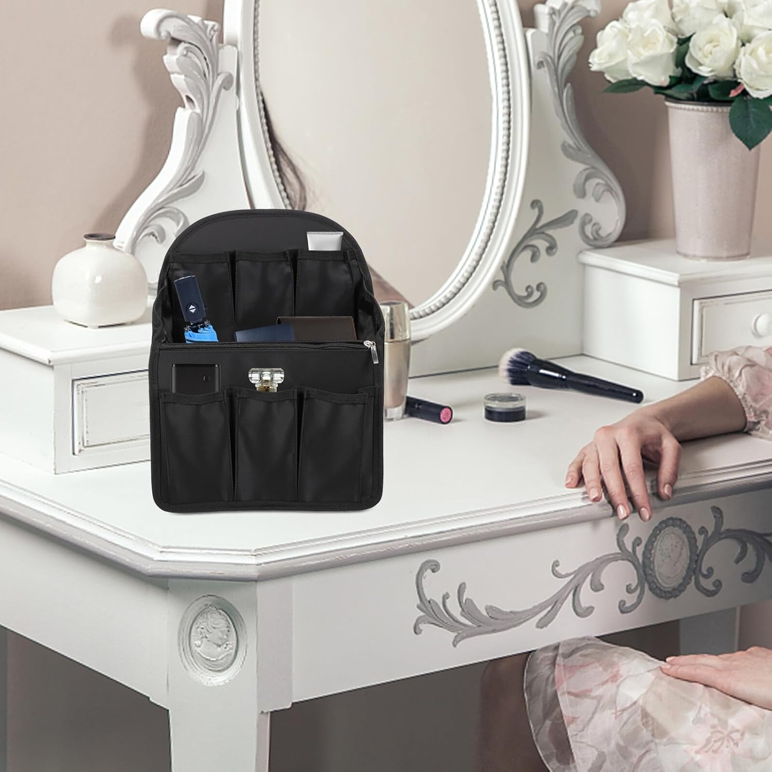 Ibasenice Backpack Organizer Insert with Multi Compartments, Nylon Portable Shoulder Bag Insert for Travel, Large Capacity Storage Container, Black Travel Bag Organizer Compatible with Backpacks image number 3