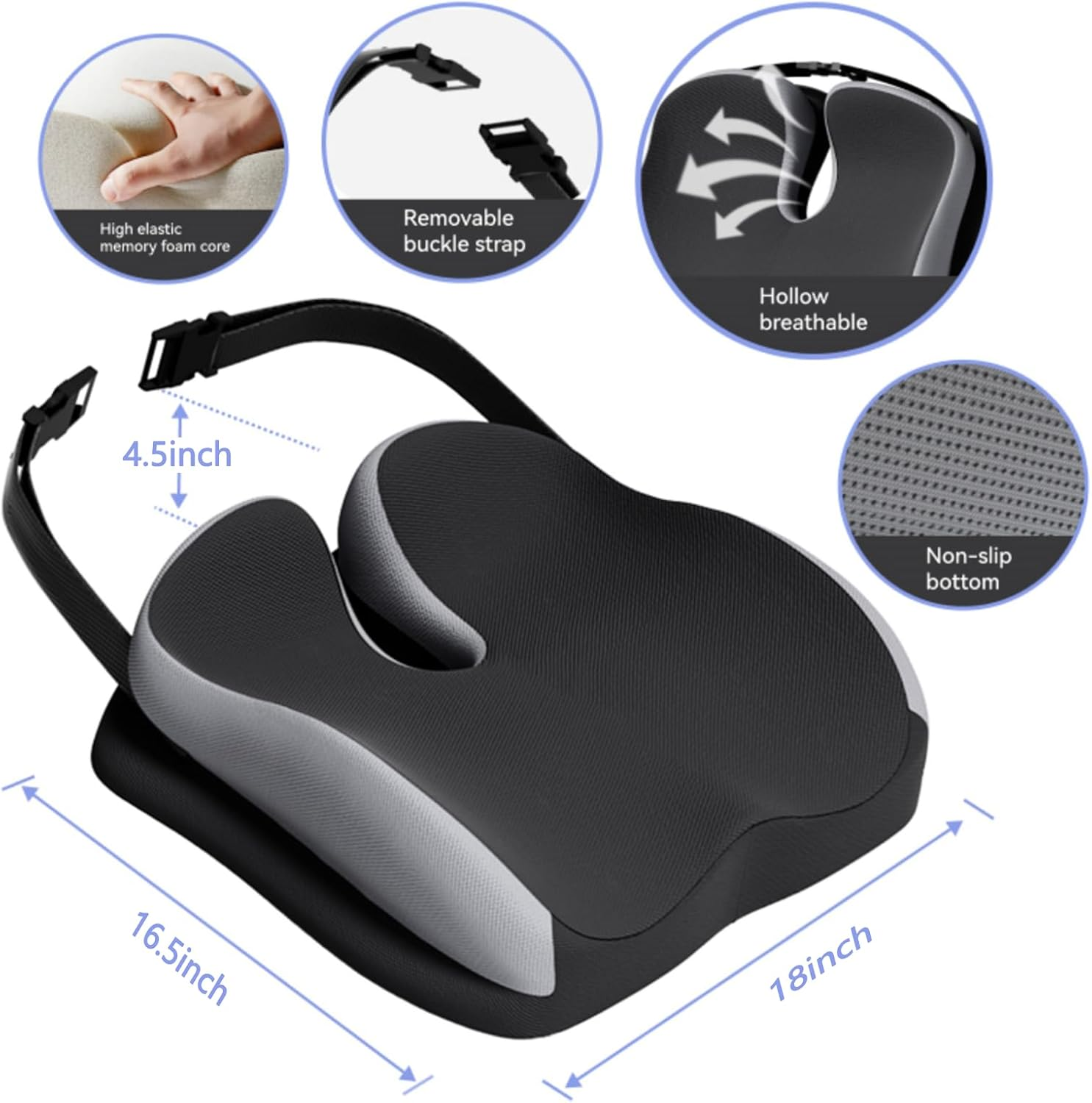 Seat Cushions for Office Chairs Wheelchair Cushion for Long Sitting Back Pain，Memory Foam Seat Car Computer Desk Chair Cushion，Coccyx Cushion for Tailbone Pain Relief Cushion Office Chair Butt Pillow - Black image number 6