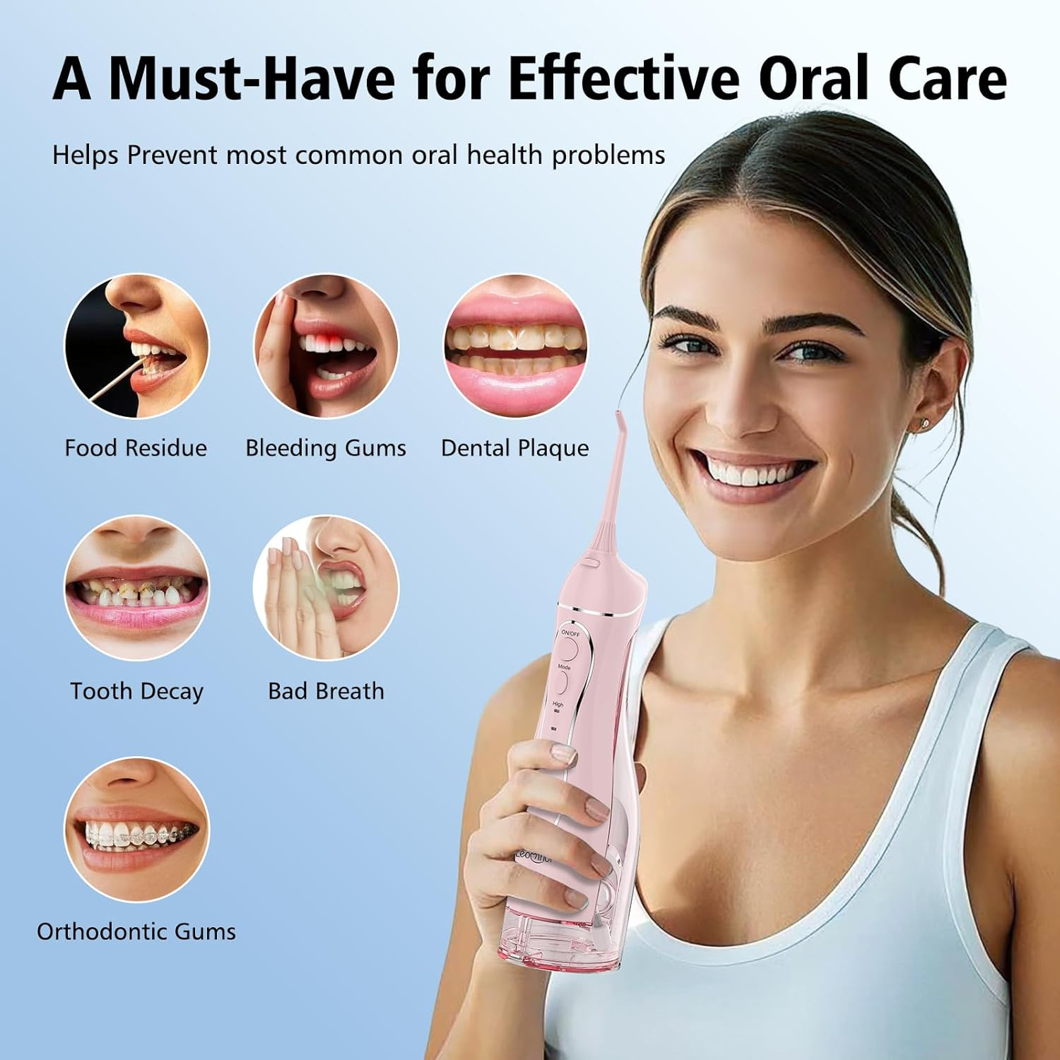 Leominor Water Flosser Pick for Teeth, 300ML Portable Oral Irrigator Upgraded Tank Removable,Ipx7 Waterproof, Rechargeable Travel Teeth Cleaner, Professional Electric Flossing Machine (Pink) - O-Green image number 4