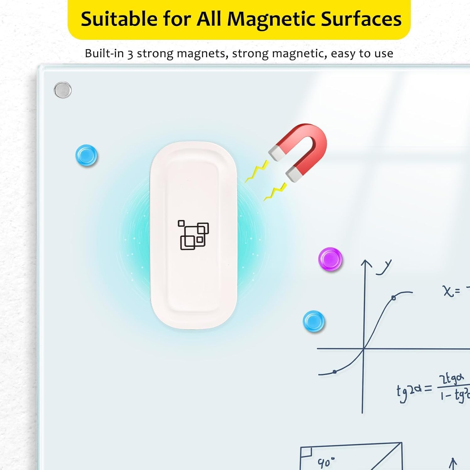Maxtek Magnetic Dry Erase Eraser, 2 Pack, for Glass Board, Calendar, Whiteboard, Office and School Supplies (Pure White) image number 4