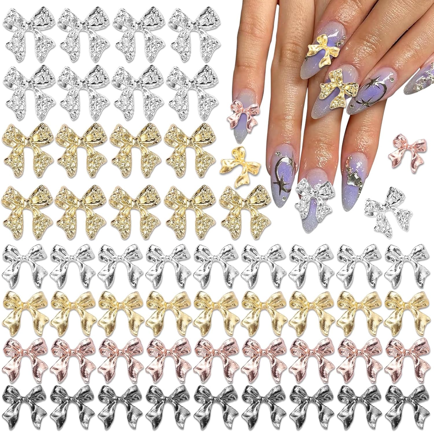 60 Pcs Metal Bow Nail Charms, Alloy Nail Bows 3D Golden Silver Gray Bowknots Charms for Nails,Nail Art Accessories Manicure Nails DIY Charms, Luxury Shiny Bow Tie Nail Gems Charms image number 5
