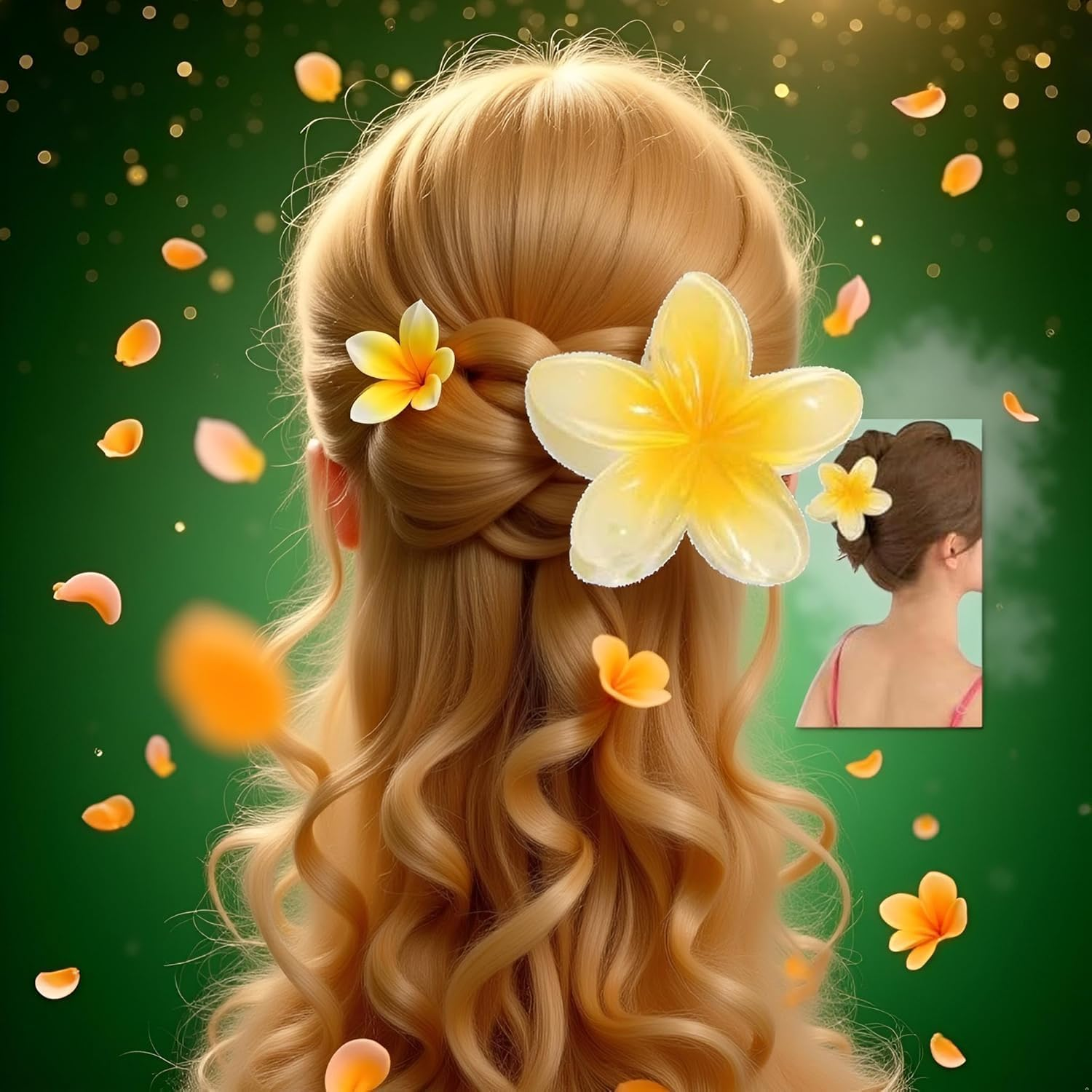 Yellow Flower Hair Claw Clips - Hawaiian Flower Hair Claw Clips for Women | Plumeria Claw Clips for Thin Hair | Strong Hold Jaw Clip | for Girls| Preppy Hair Clip image number 4