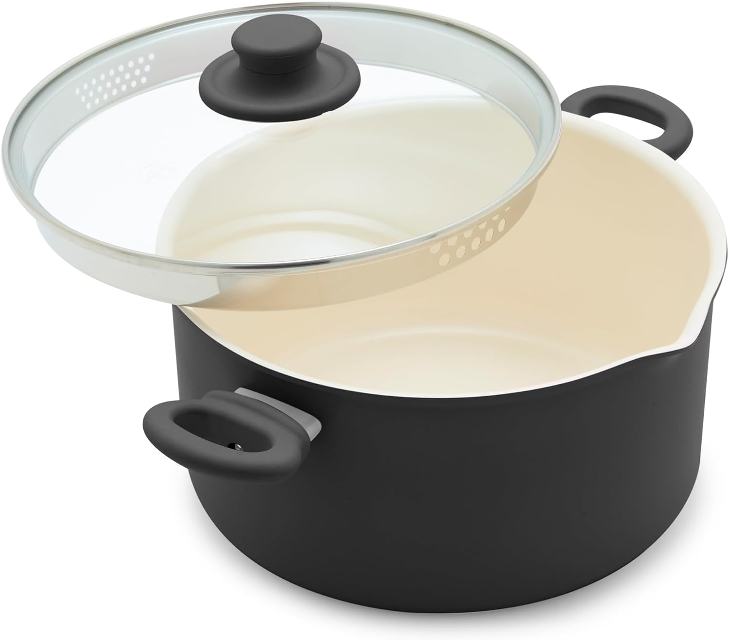 Greenlife Softgrip Healthy Ceramic Nonstick, 6QT Stockpot with Lid and Straining Lid, Pfas-Free, Dishwasher Safe, Black