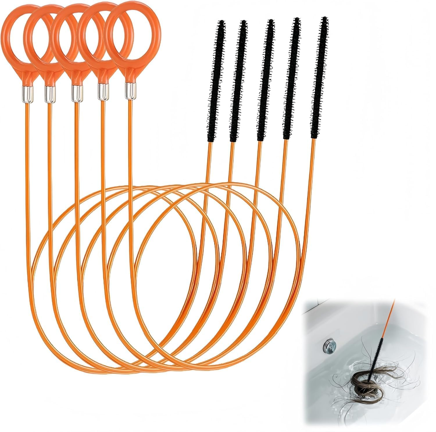 5 Pack Snake Hair Clog Remover,Plumbing Snake with Nylon Brush Head, Drain Hair Remover for Shower, Bathroom Clogs, Kitchen Sink Drain Cleaning(Orange) image number 4