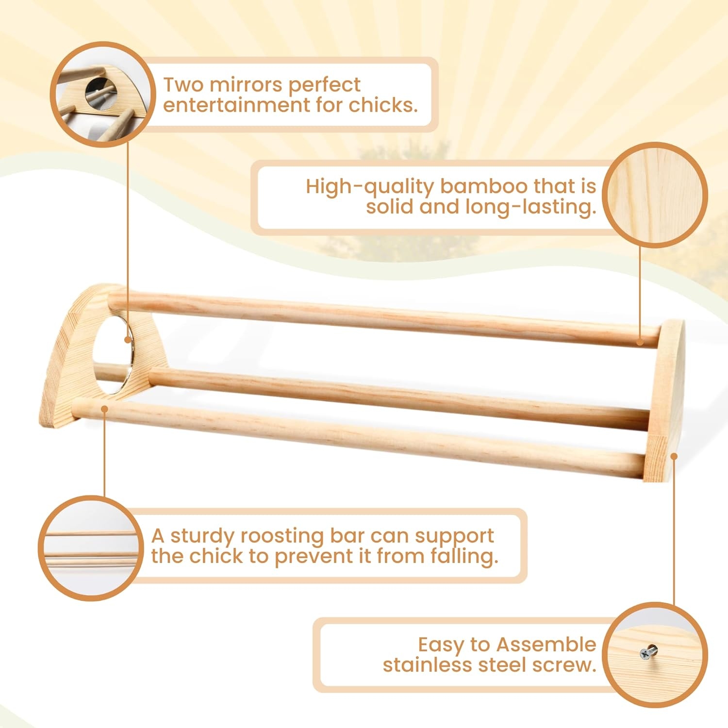 Tongass 16" Extra Long Chicken Perch - Freestanding Roosting Bar for Baby Chicks with Built-In Mirrors for Entertainment - Durable Polished Bamboo Roosting Bar - 15 3/4 X 6 5/8 X 3 1/2" image number 4