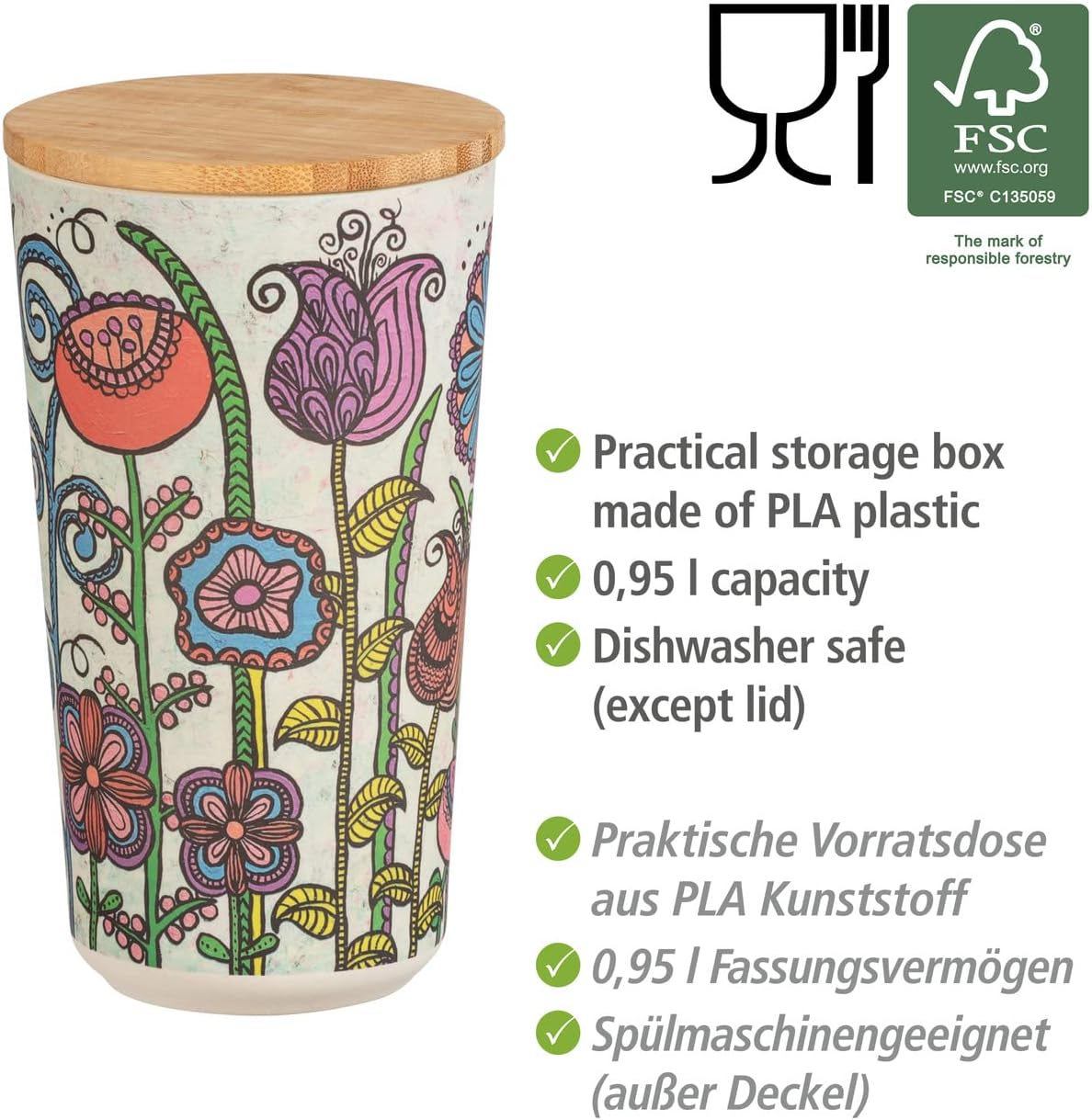 WENKO Flower Storage Jar Floral Storage Container with Bamboo Lid, Airtight Kitchen Food Storage, BPA Free, Capacity 0.95 Litre, 10.5 X 18.5 Cm, Multi-Colour